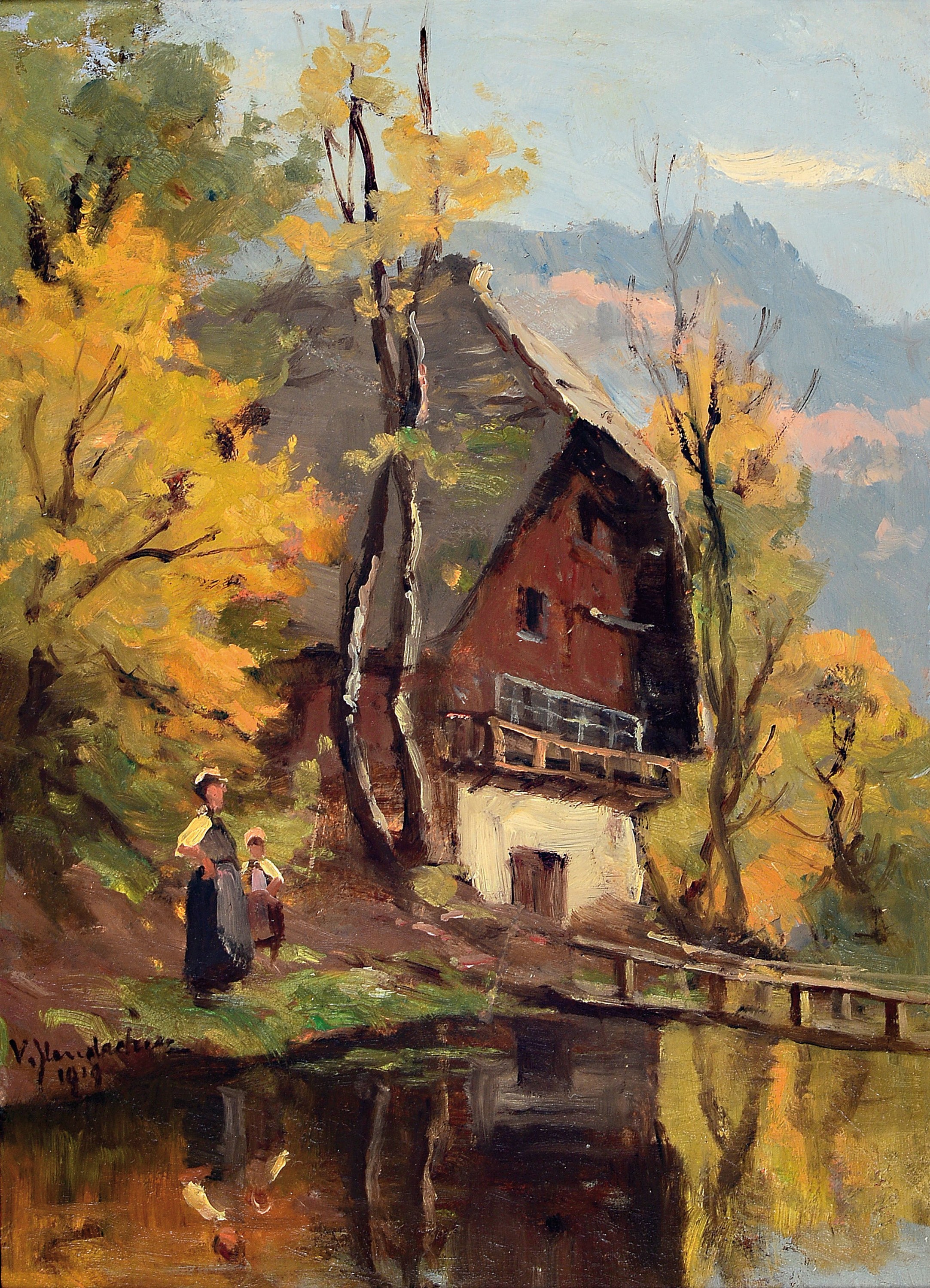 Vitus Staudacher, 1850 Gaimersheim-1925 Baden-Baden, Schwarzwaldhaus am Bach, Öl/Malkarton, links unten sign., ca. 28x20cm, R. ca. 37x29cm