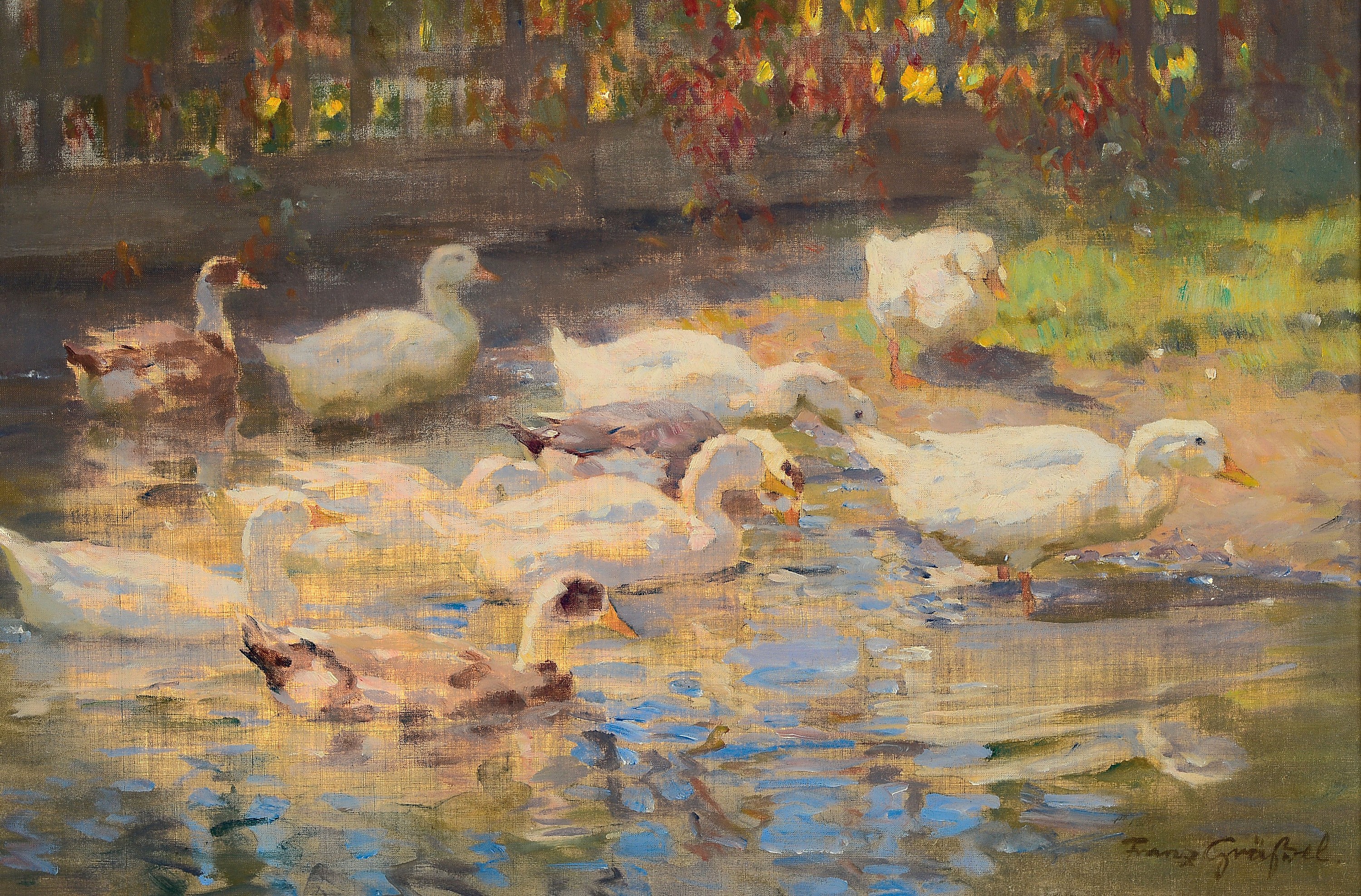 Franz Grässel, 1861 Obersasbach/Baden-1948 Emmering, Enten auf dem Wasser, Öl/Lwd, impressionistische Auffassung, rechts unten signiert, ca. ...