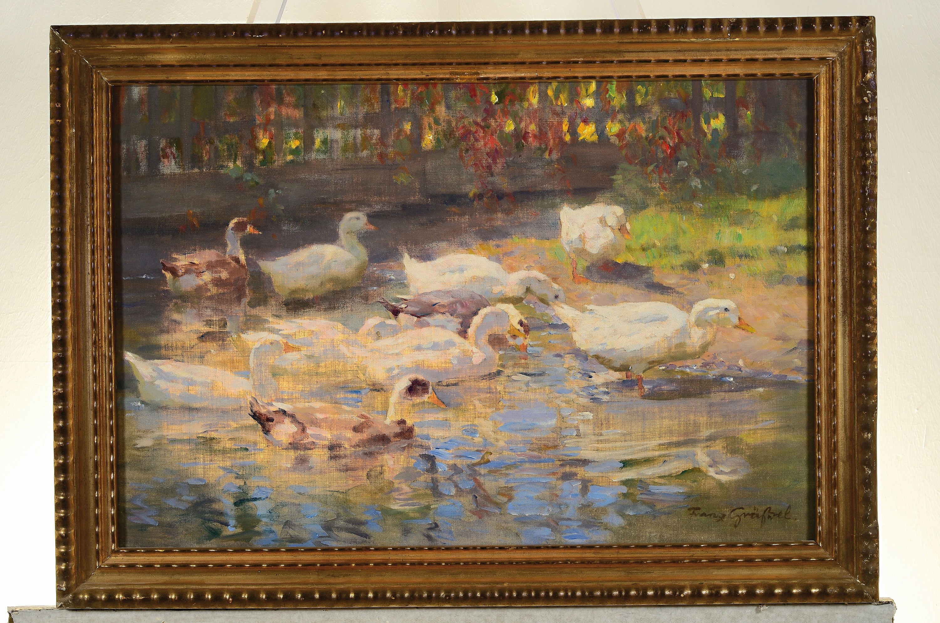 Detail k: Franz Grässel, 1861 Obersasbach/Baden-1948 Emmering, Enten auf dem Wasser, Öl/Lwd, impressionistische Auffassung, rechts unten signiert, ca. ...
