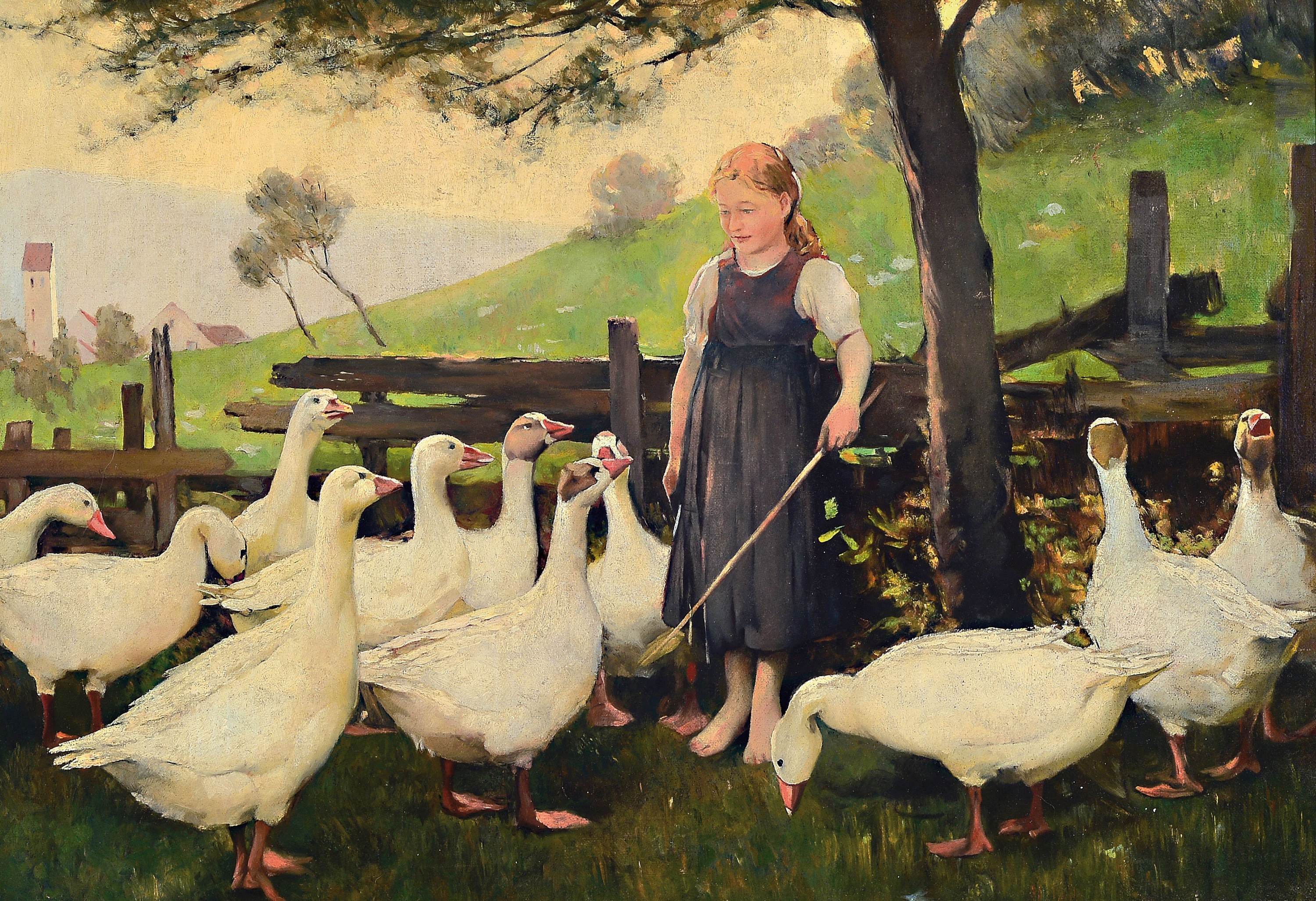 Zuschreibung: Franz Grässel, 1861 Obersasbach/Baden-1948 Emmering, Gänseliesel, Öl/Lwd, unsigniert, ca. 43x632cm, R. ca. 59x78cm, abgeb. im ...