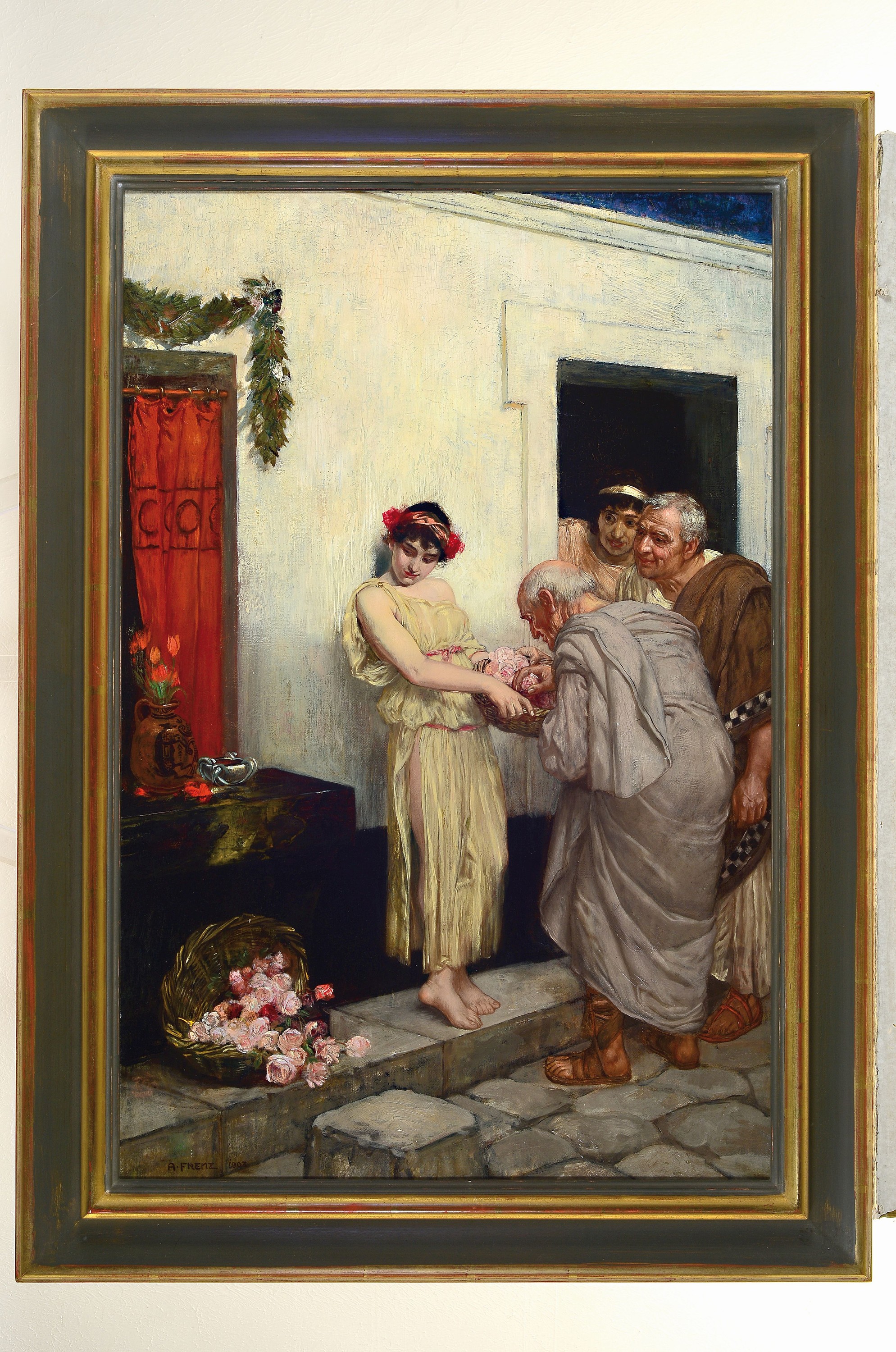 Detail k: Alexander Frenz, 1861 Rheydt-1941 Düsseldorf, römische Rosenverkäuferin, Öl/Lwd, doubl., rest., links unten signiert und dat. 1903, Keilrahmen ...