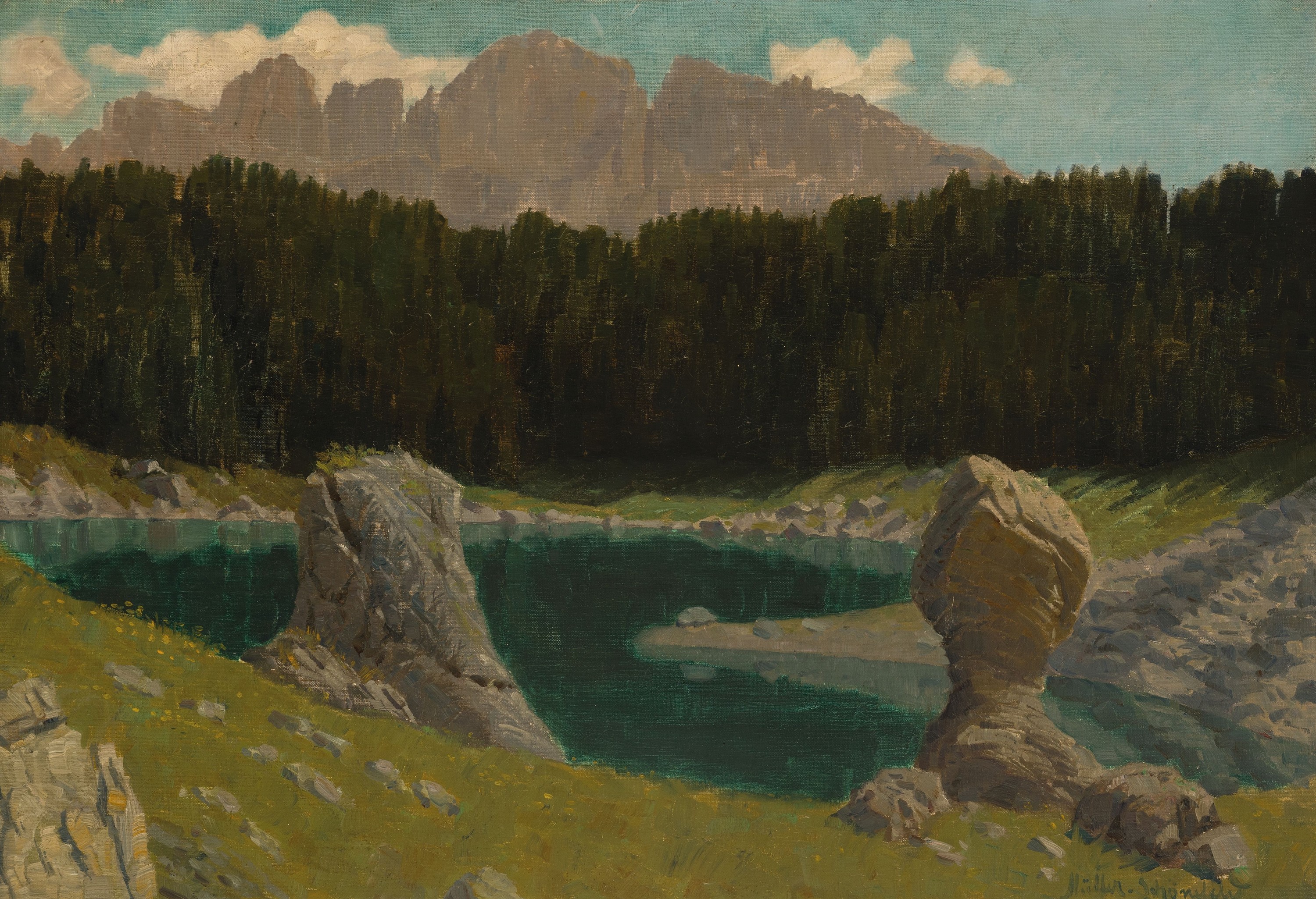 Wilhelm Ernst Müller-Schönefeld, 1867 Schönefeld-1944 Malchin, Landschaft mit Felsen am See, Öl/LWd, rechts unten signiert, ca. 60x90cm, R. ca. ...