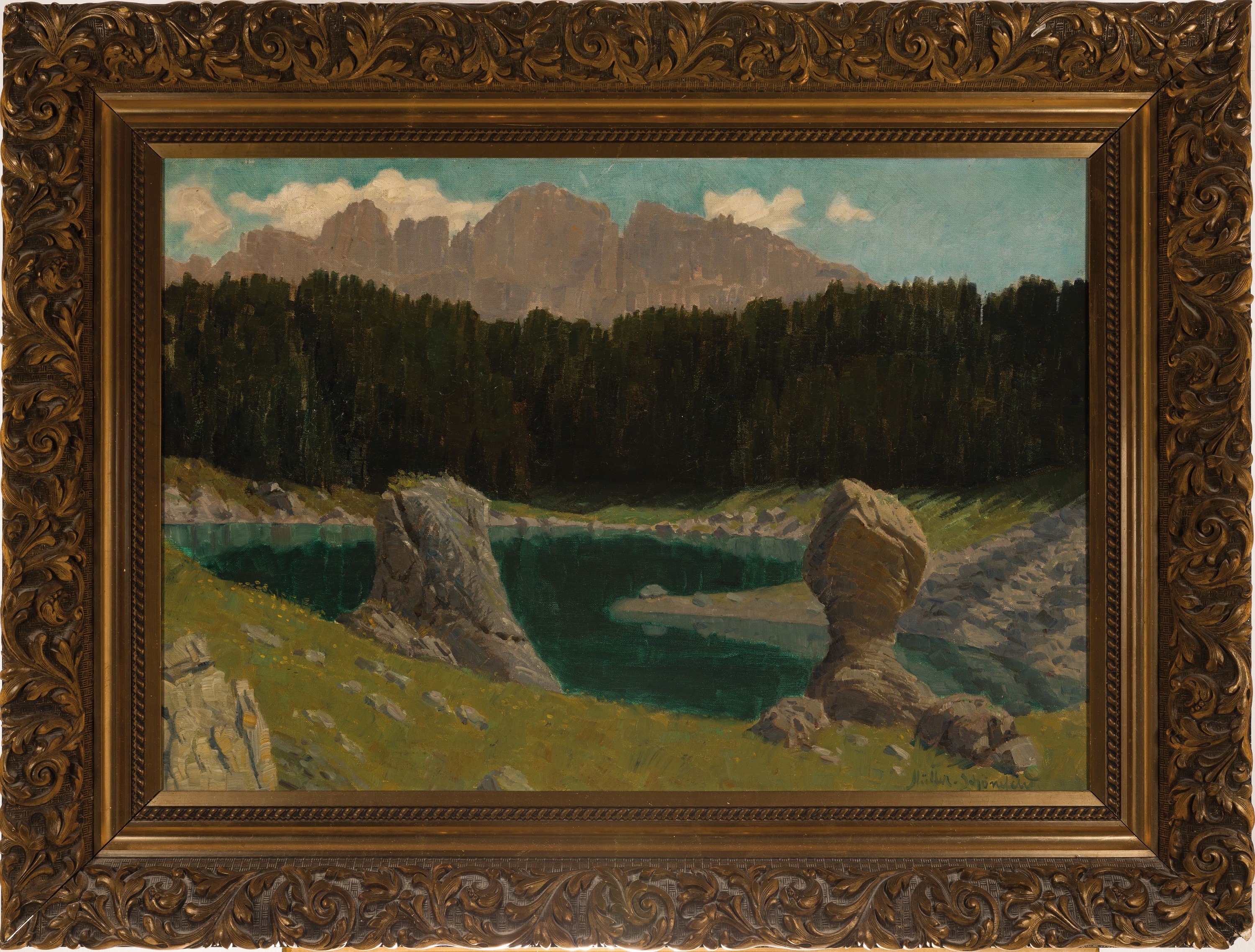Detail k: Wilhelm Ernst Müller-Schönefeld, 1867 Schönefeld-1944 Malchin, Landschaft mit Felsen am See, Öl/LWd, rechts unten signiert, ca. 60x90cm, R. ca. ...