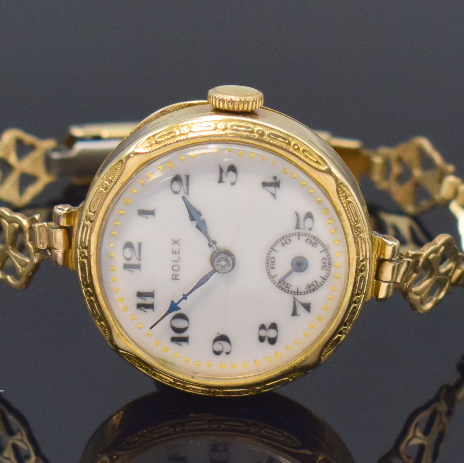 Detail a: ROLEX frühe Armbanduhr in GG 375/000, Schweiz fürden engl. Markt um 1915, Handaufzug, Geh. dell., Scharnierboden, verg. passendes Band, ...