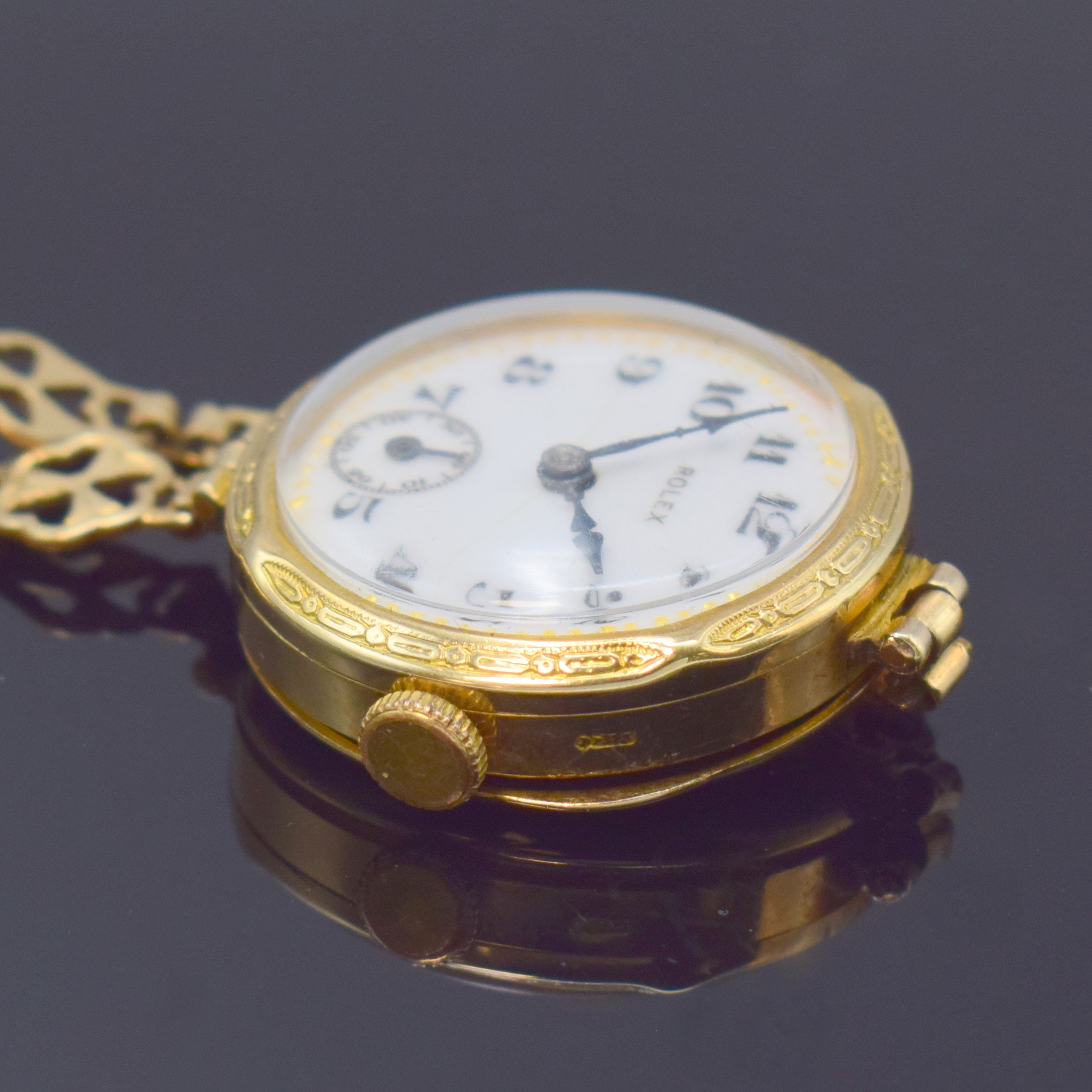 Detail c: ROLEX frühe Armbanduhr in GG 375/000, Schweiz fürden engl. Markt um 1915, Handaufzug, Geh. dell., Scharnierboden, verg. passendes Band, ...