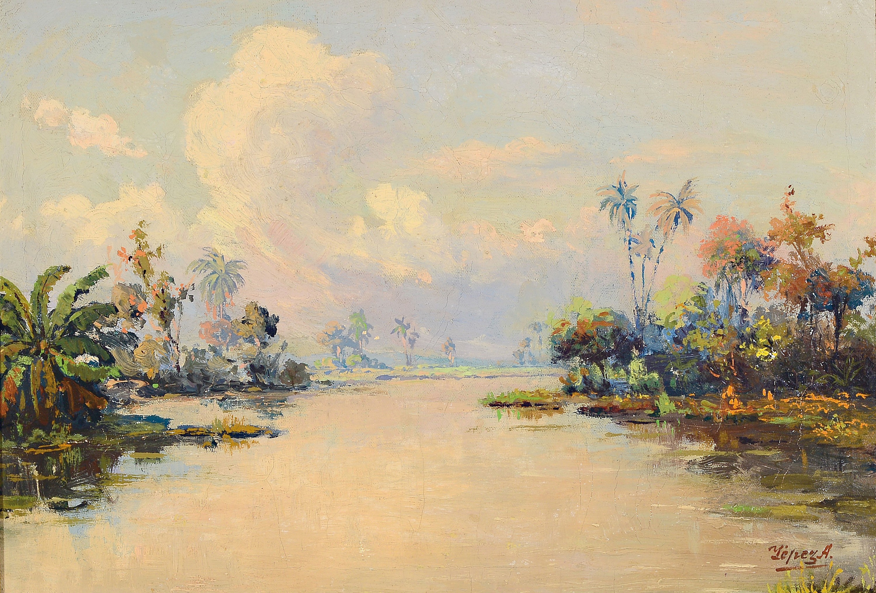 José Yépez-Arteaga, 1898 Quito/Ecuador-nach 1961 ebenda, Amazonas-Flusslandschaft mit Palmen, impressionistisches Werk des bekannten ...