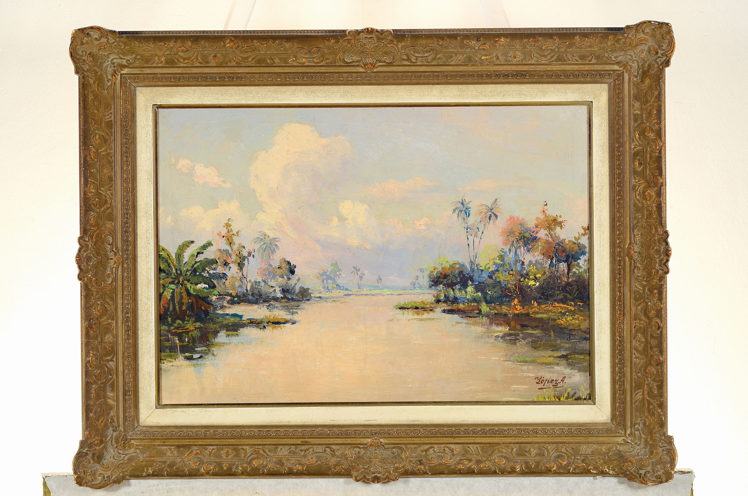 Detail k: José Yépez-Arteaga, 1898 Quito/Ecuador-nach 1961 ebenda, Amazonas-Flusslandschaft mit Palmen, impressionistisches Werk des bekannten ...