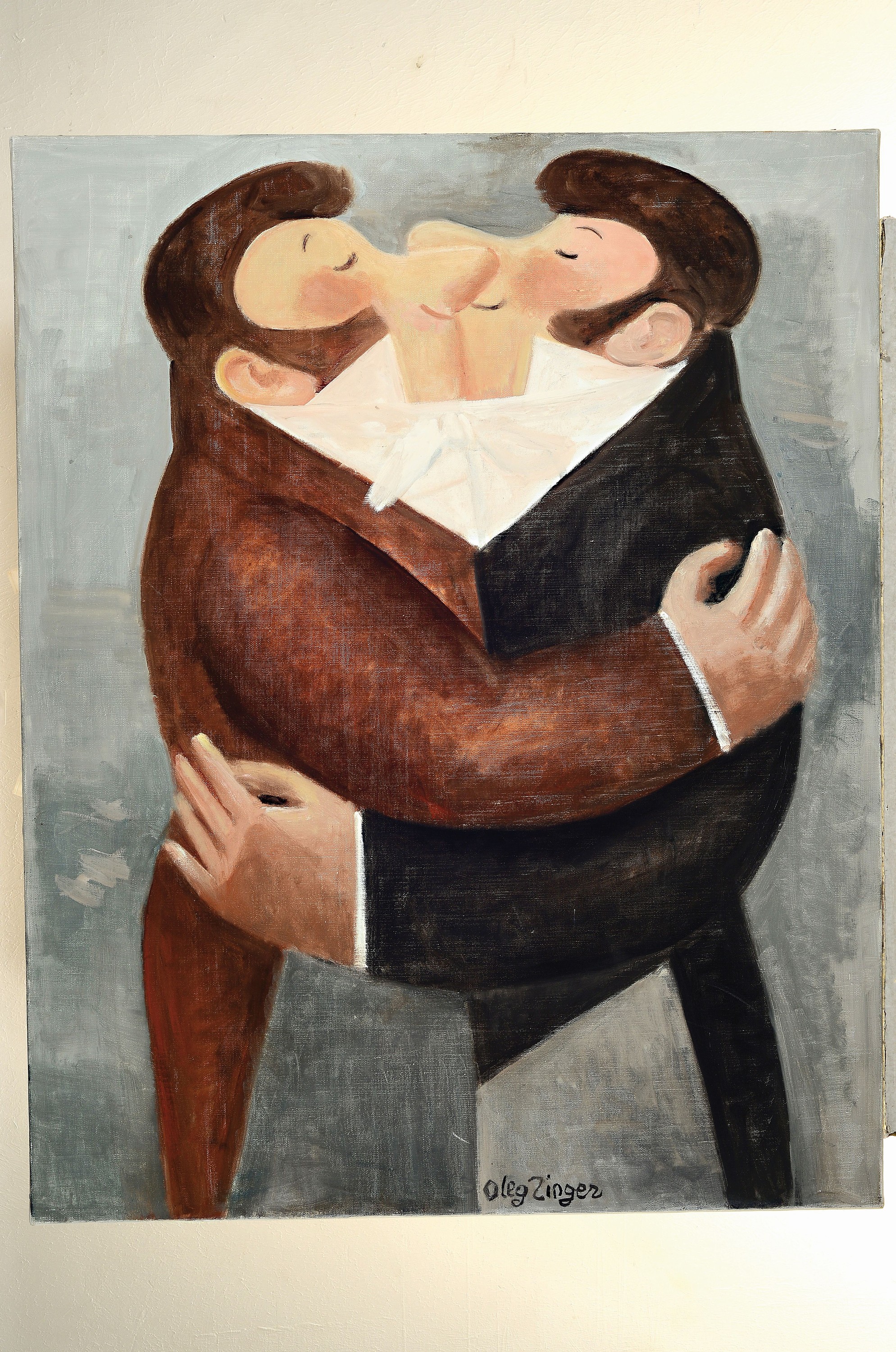 Detail k: Oleg Zinger, 1910 Moskau-1998 Nimes, zwei sich umarmende Herren, aus dem Theaterstück "Der Revisor" von Gogol, Öl/Lwd, mittig unten ...