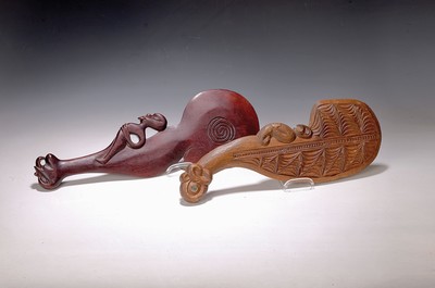 Image Two Maori patu/striking weapons, New Zealand, 20th century, New Zealand hardwood, carved, ...