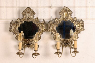 Image pair of wall sconces with mirrors, end 19.th c., wooden frame with sheet bronze, Baroque ...