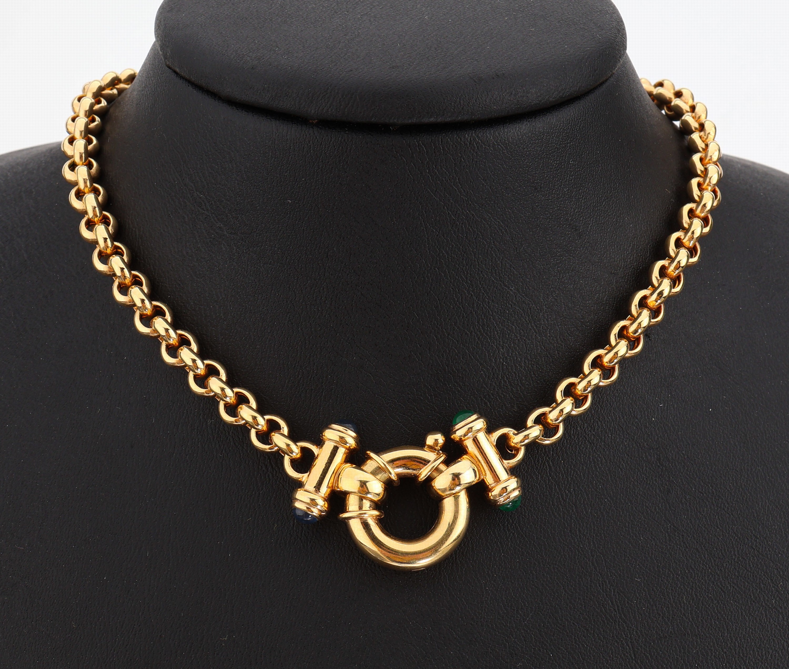 14 kt Gold Saphir-Smaragd-Collier, GG 585/000, Erbskette, Zierelemente mit 2 kl. Saphir- und 2 kl. Smaragd-Cabochons, L. ca. 44.5 cm, gr. ...