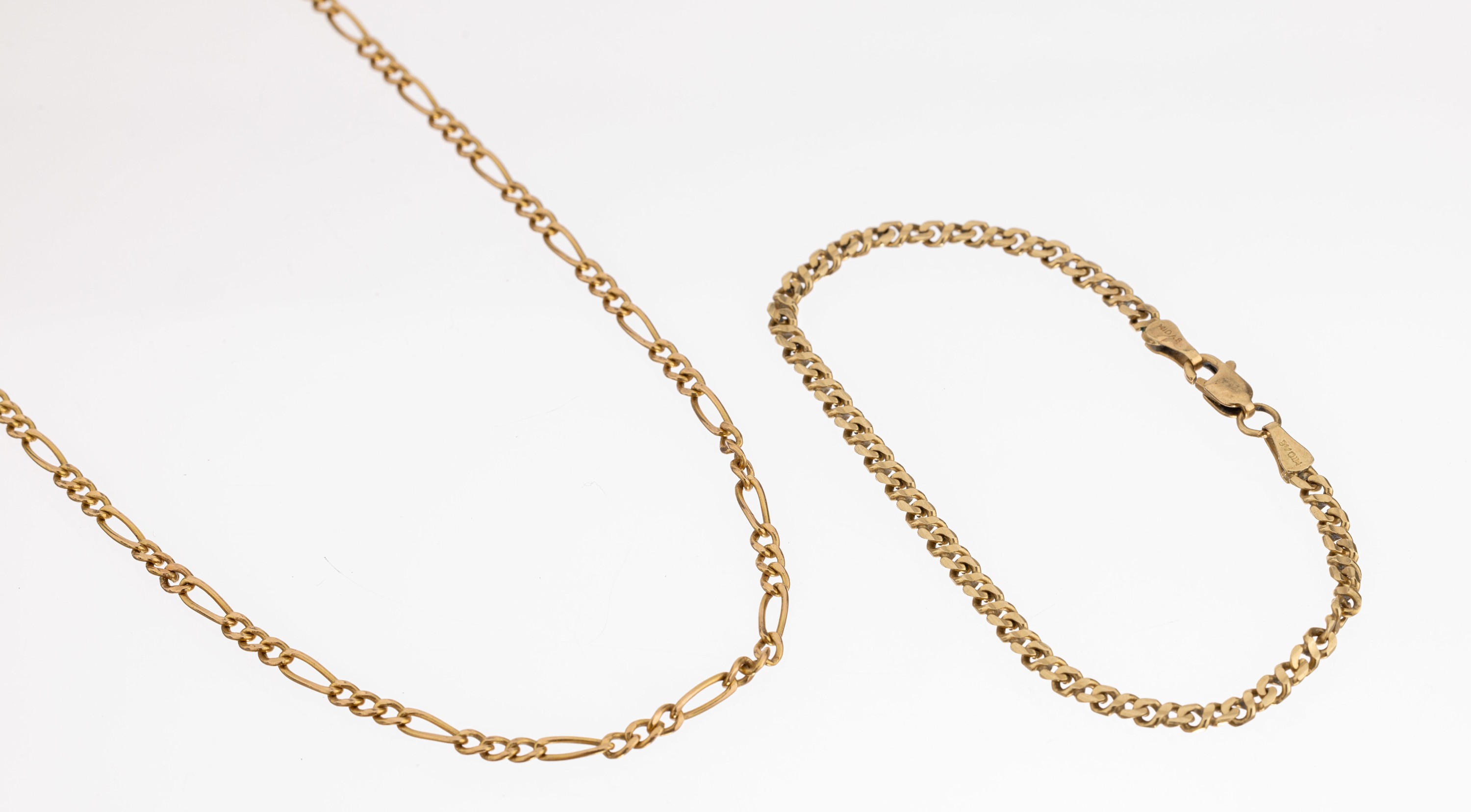 14 kt Gold Set, GG 585/000, best. aus: 1 Kette, L. ca. 63.5 cm, Karabinerschliesse, und 1 Armband, L. ca. 19 cm, Karabinerschliesse, ca. 11.5 g