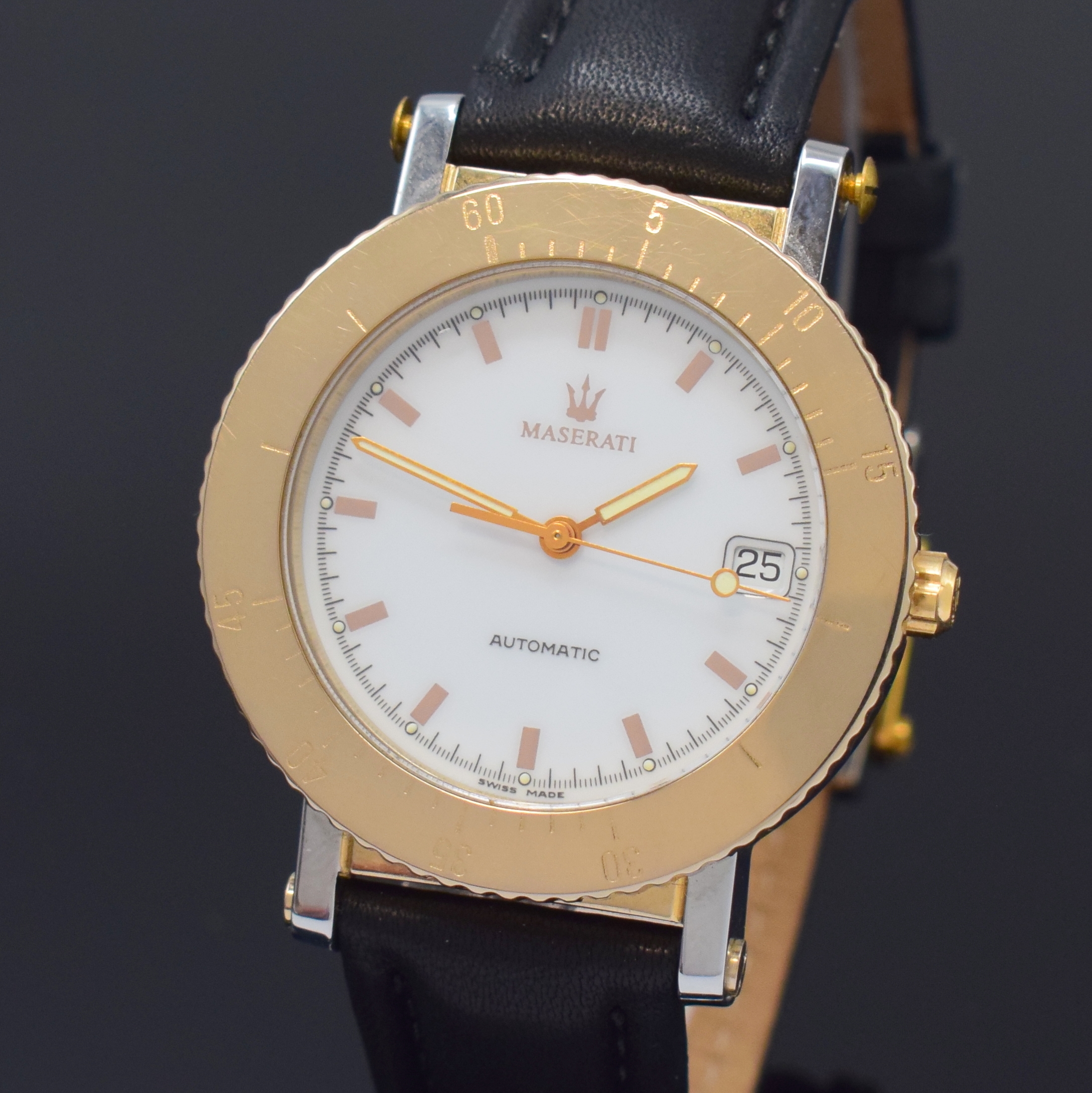 Detail a: MASERATI Trident Herrenarmbanduhr, Schweiz um 1995, Automatik, teils verg. Edelstahlgeh. inkl. neutr. Lederband m. orig. Schließe, Boden verschr., ...