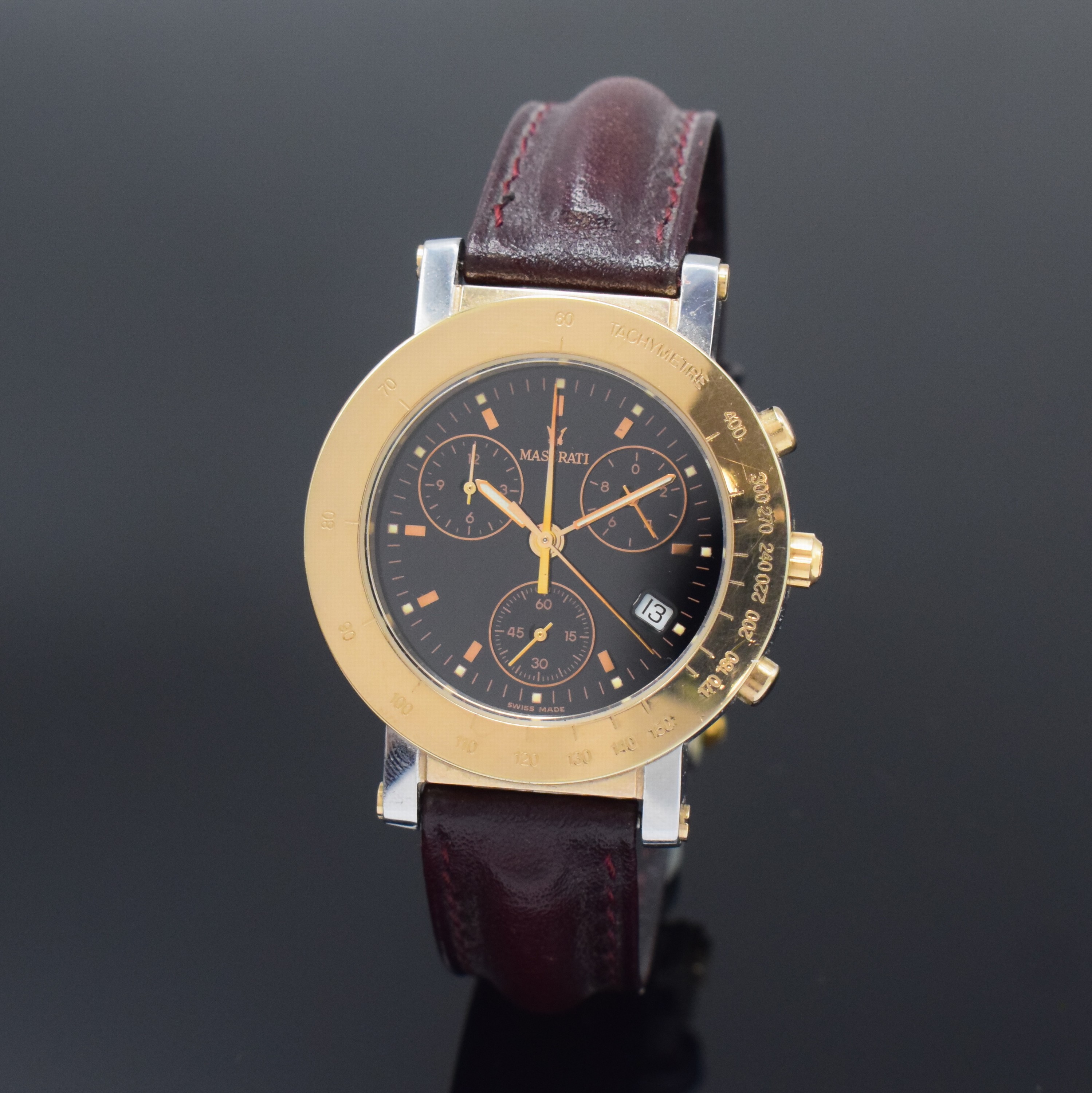 MASERATI Merak II Herrenchronograph, Schweiz um 1995, quarz, teils verg. Edelstahlgeh. inkl. neutr. Lederband m. orig. Schließe, Lünette m. ...