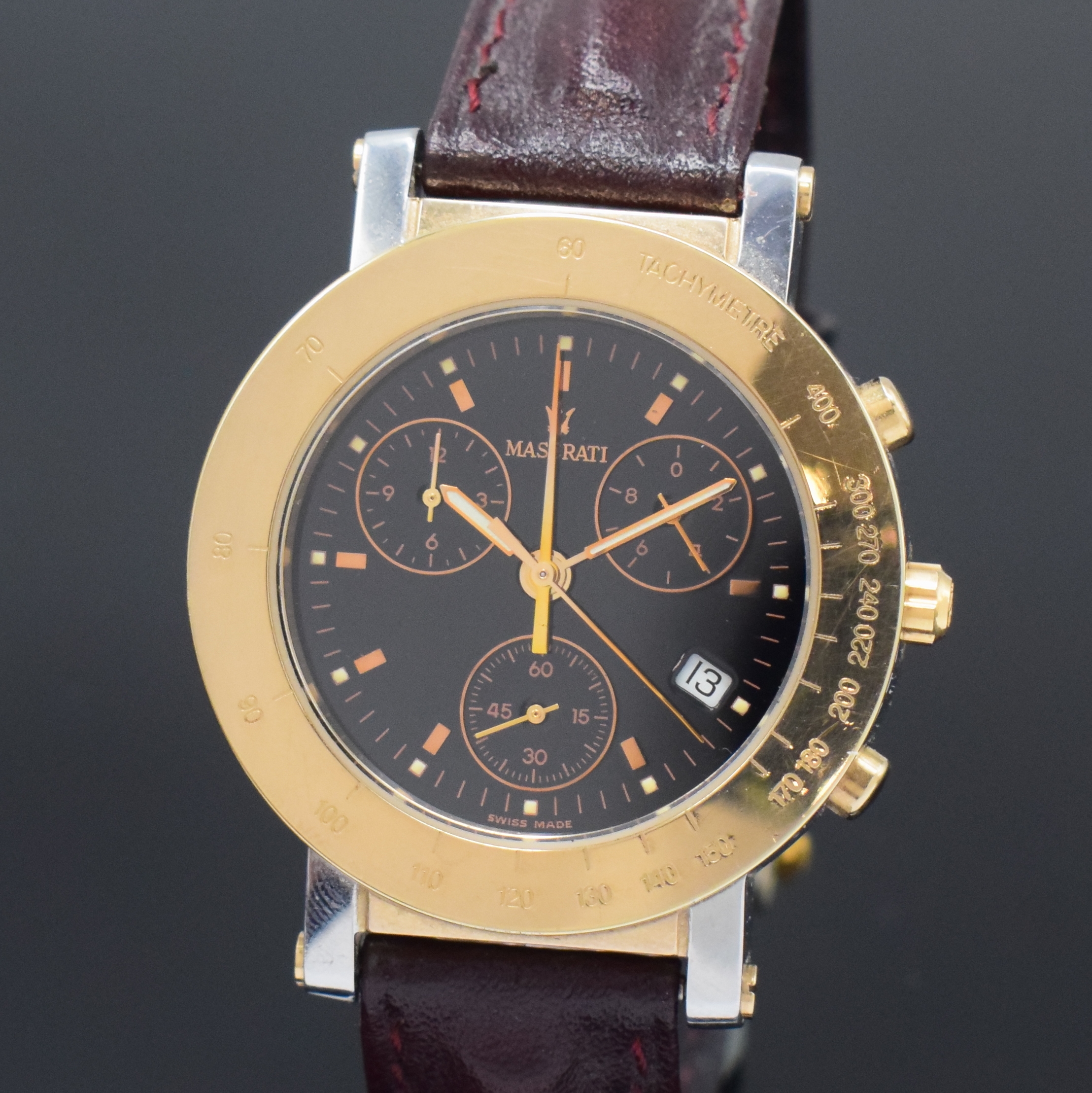 Detail a: MASERATI Merak II Herrenchronograph, Schweiz um 1995, quarz, teils verg. Edelstahlgeh. inkl. neutr. Lederband m. orig. Schließe, Lünette m. ...