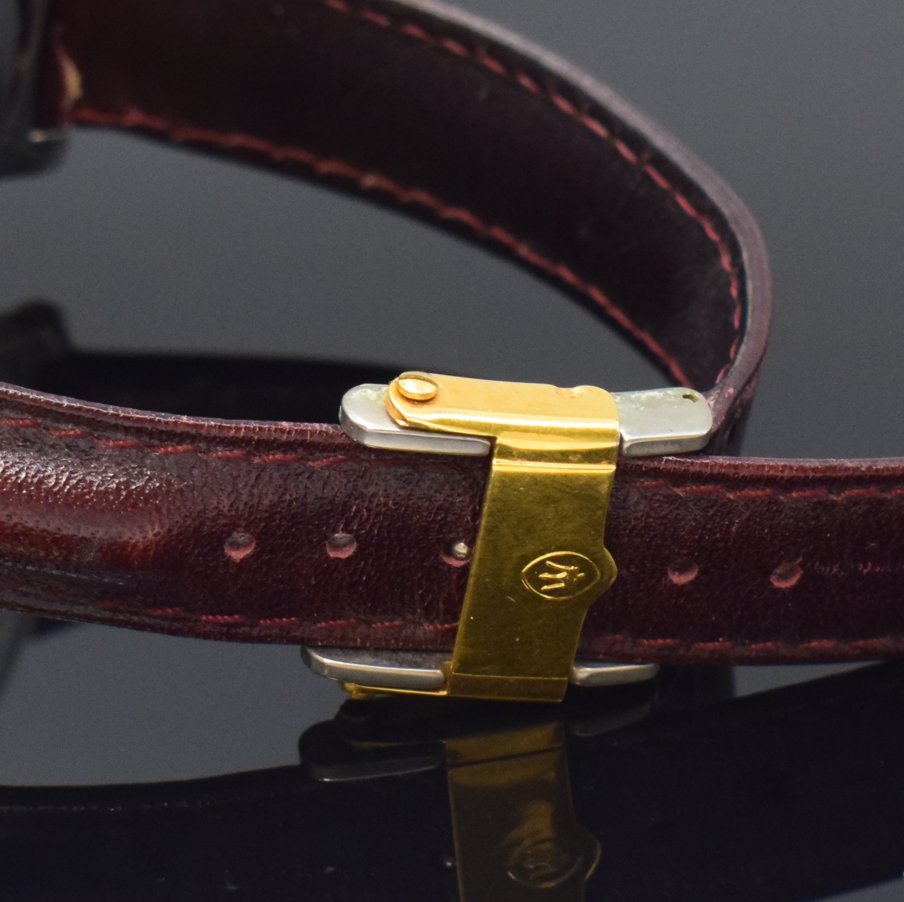 Detail b: MASERATI Merak II Herrenchronograph, Schweiz um 1995, quarz, teils verg. Edelstahlgeh. inkl. neutr. Lederband m. orig. Schließe, Lünette m. ...