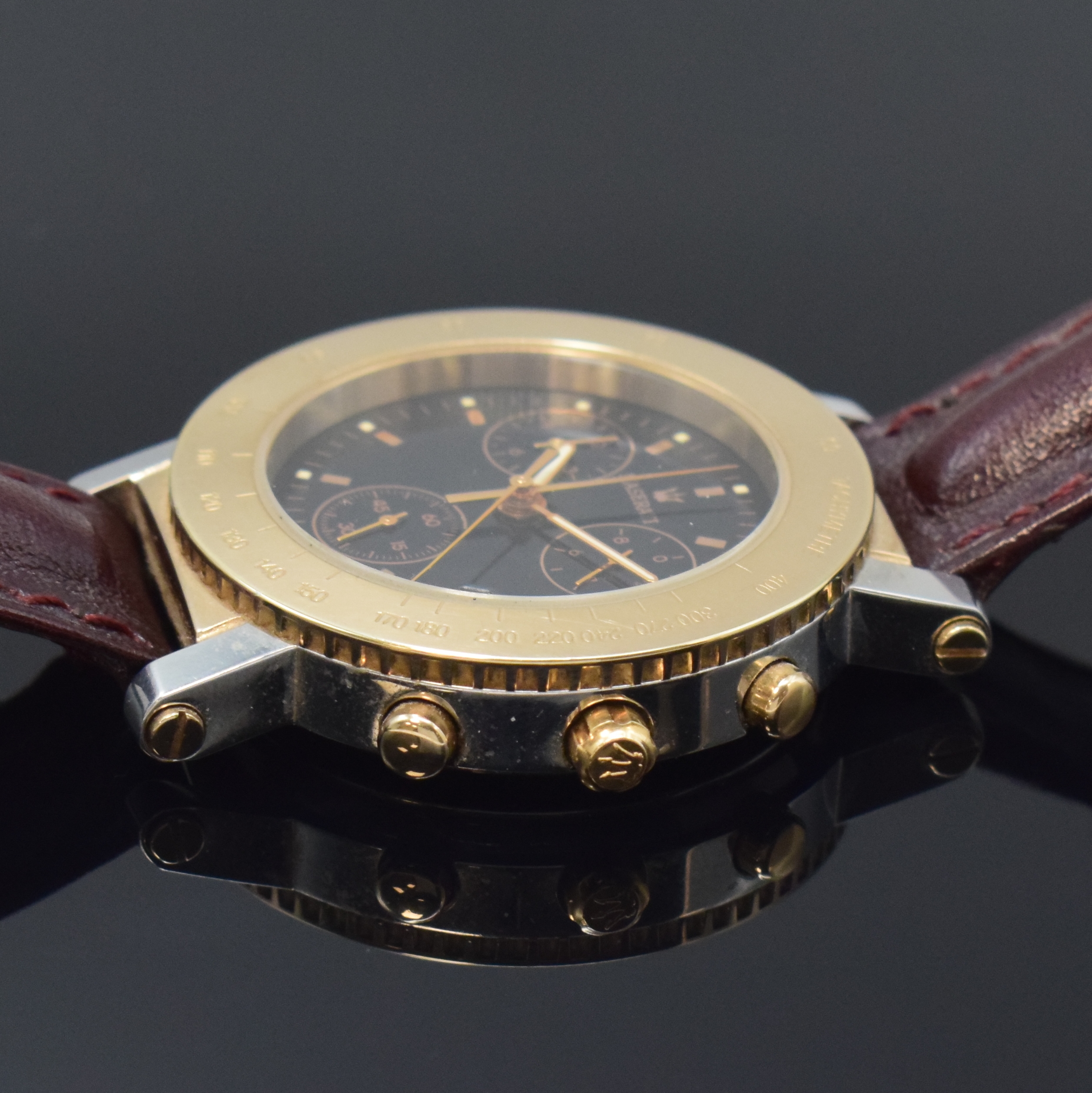 Detail c: MASERATI Merak II Herrenchronograph, Schweiz um 1995, quarz, teils verg. Edelstahlgeh. inkl. neutr. Lederband m. orig. Schließe, Lünette m. ...