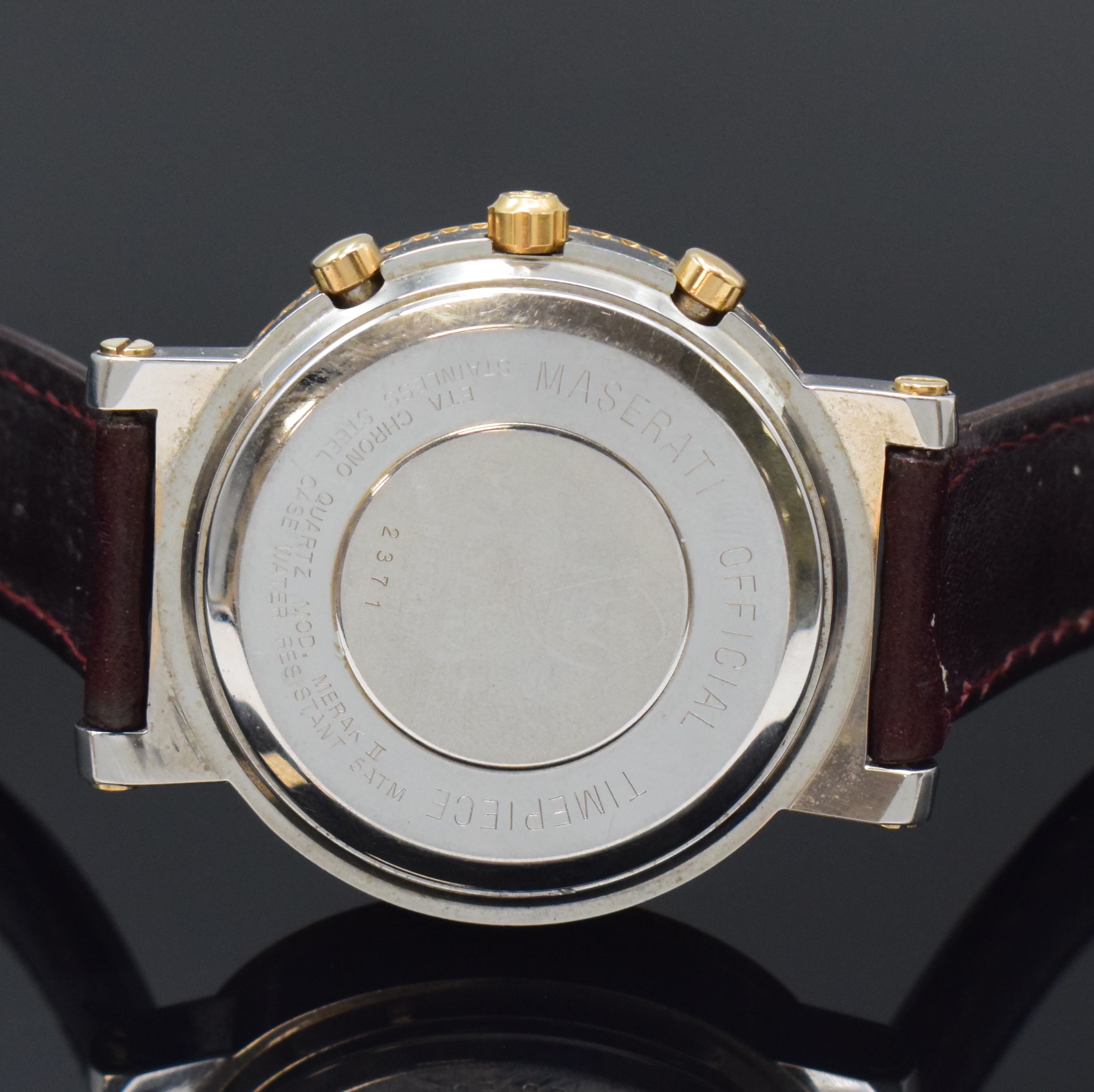 Detail d: MASERATI Merak II Herrenchronograph, Schweiz um 1995, quarz, teils verg. Edelstahlgeh. inkl. neutr. Lederband m. orig. Schließe, Lünette m. ...