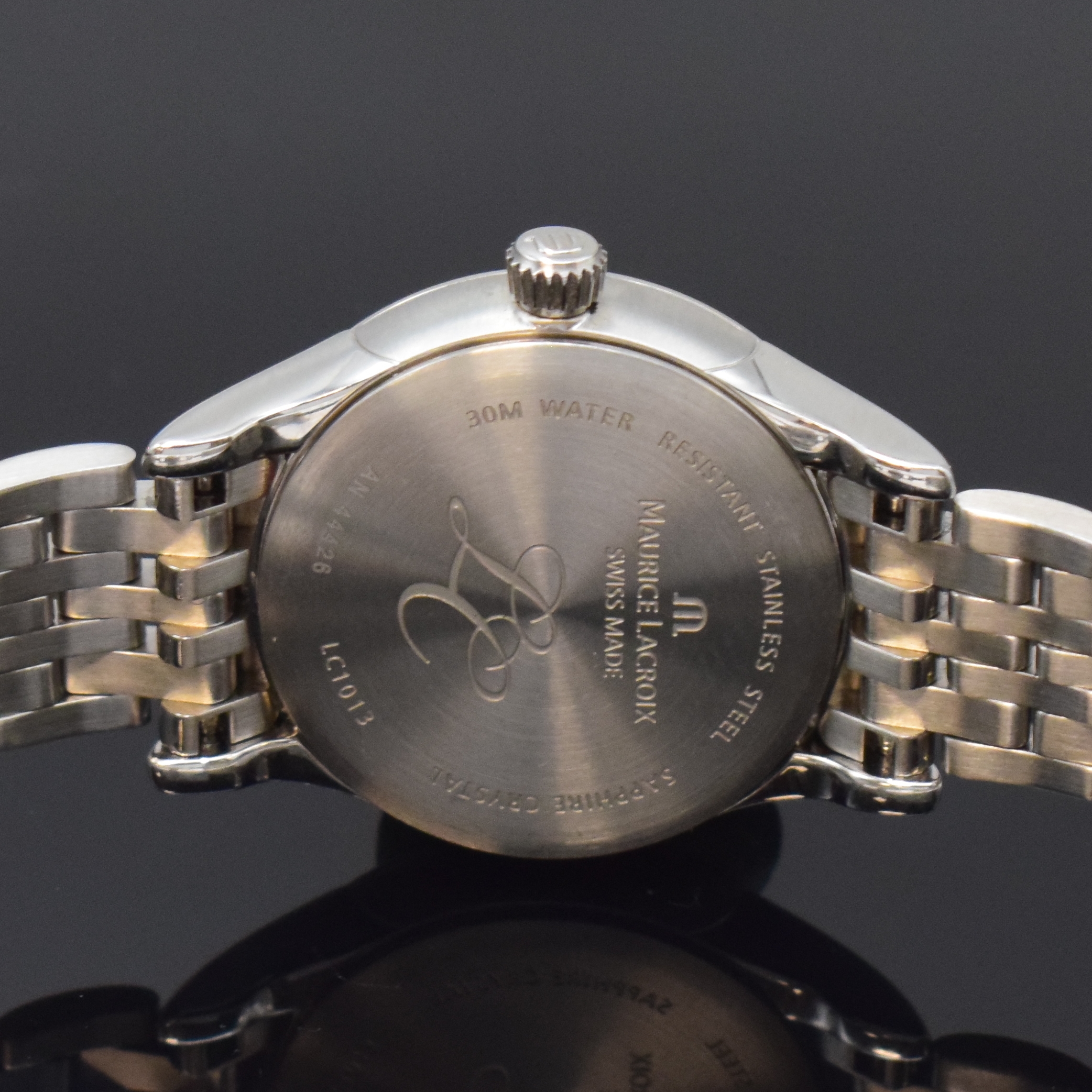 Detail d: MAURICE LACROIX Damenarmbanduhr Les Classiques in Stahl mit Brillanten Referenz LC1013, Schweiz um 2010, quarz, orig. Gliederband m. dopp. Faltschl., ...