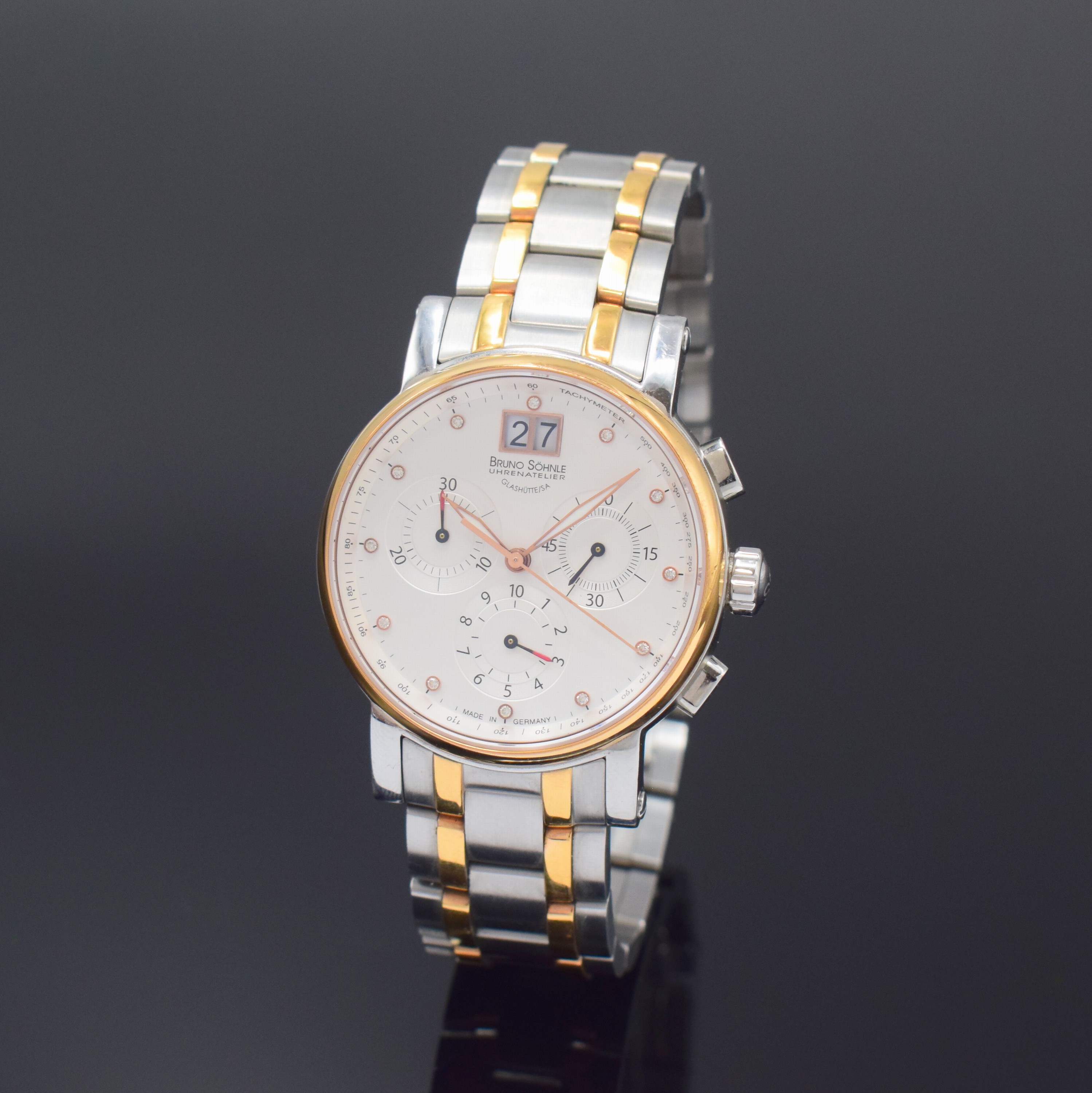 BRUNO SÖHNLE Armida Armbandchronograph, Deutschland um 2010, quarz, beids. z. T. verg. Geh. inkl. neutr. Gliederband m. dopp. Faltschl., Boden ...
