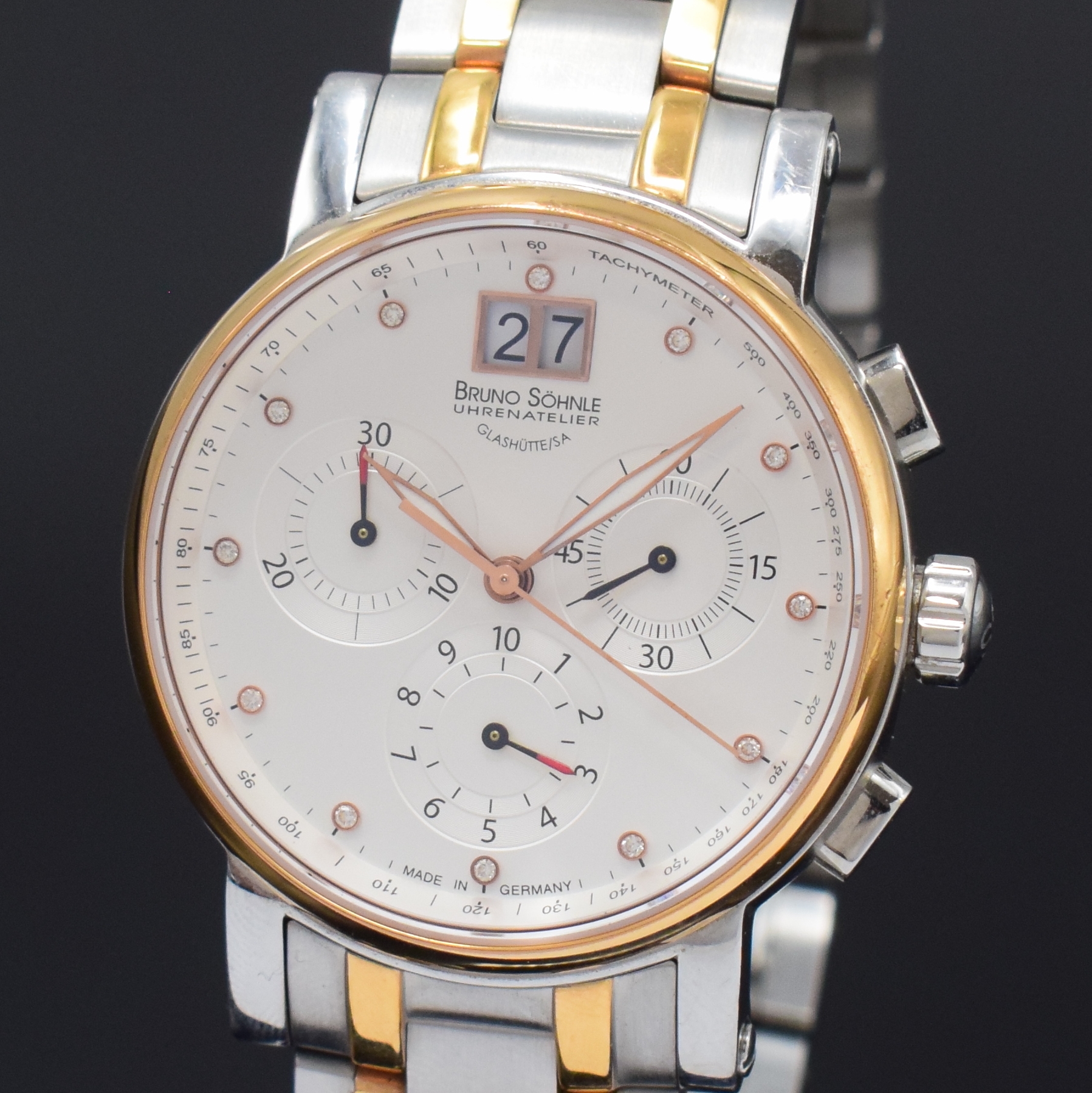 Detail a: BRUNO SÖHNLE Armida Armbandchronograph, Deutschland um 2010, quarz, beids. z. T. verg. Geh. inkl. neutr. Gliederband m. dopp. Faltschl., Boden ...