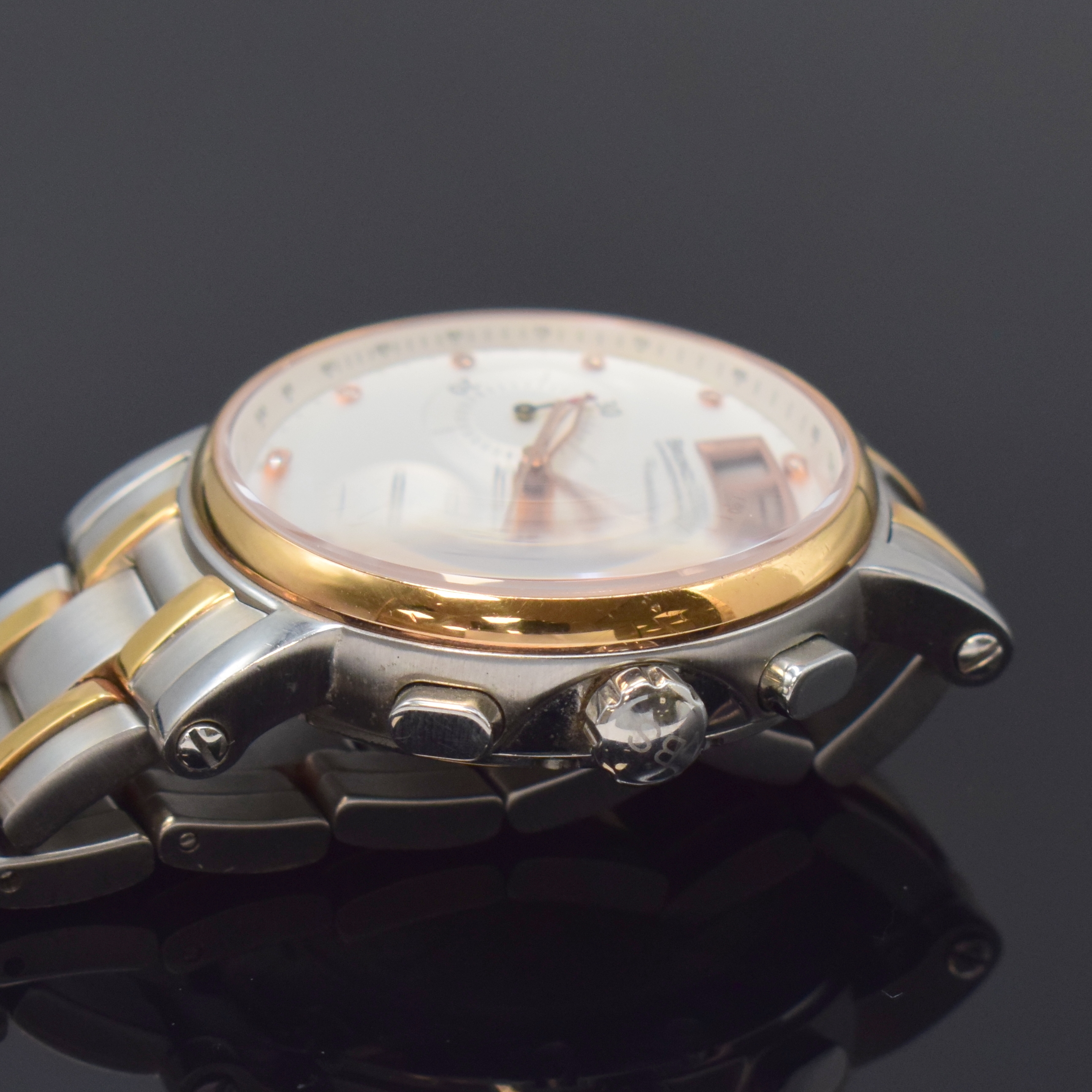 Detail b: BRUNO SÖHNLE Armida Armbandchronograph, Deutschland um 2010, quarz, beids. z. T. verg. Geh. inkl. neutr. Gliederband m. dopp. Faltschl., Boden ...