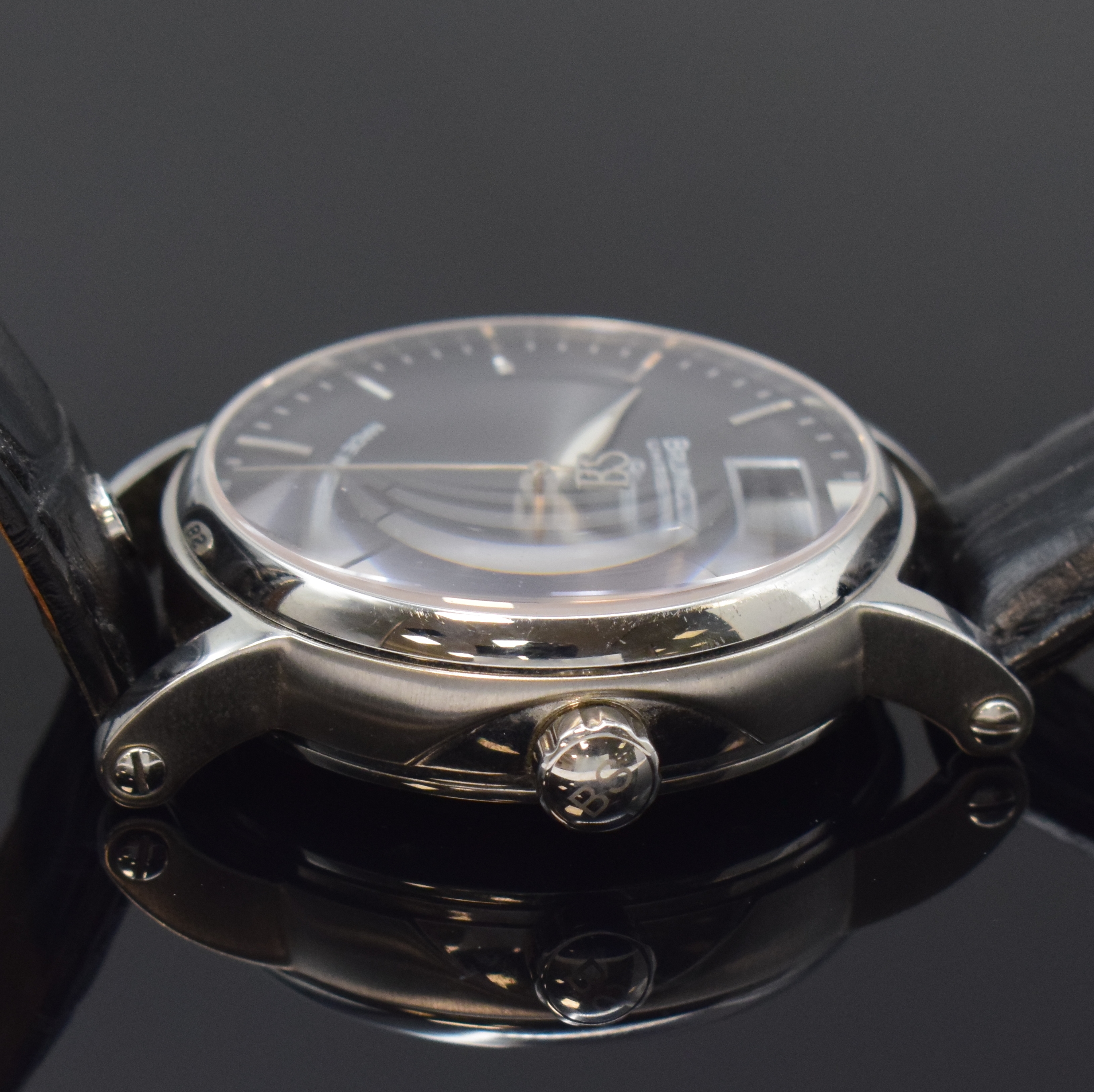 Detail c: BRUNO SÖHNLE Pesaro Herrenarmbanduhr in Stahl Referenz 1073, Deutschland um 2015, quarz, beids. vergl. Geh., orig. Lederband m. dopp. Faltschl., ...