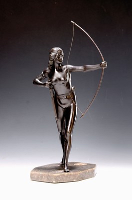 Image Bronze figure/lamp base, around 1910/20, archer, mounted on limestone slab, holes for ...