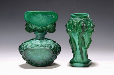 Image Bottle and vase, Schlevogt, 20th century, Gablonz, green marbled glass, so-called ...