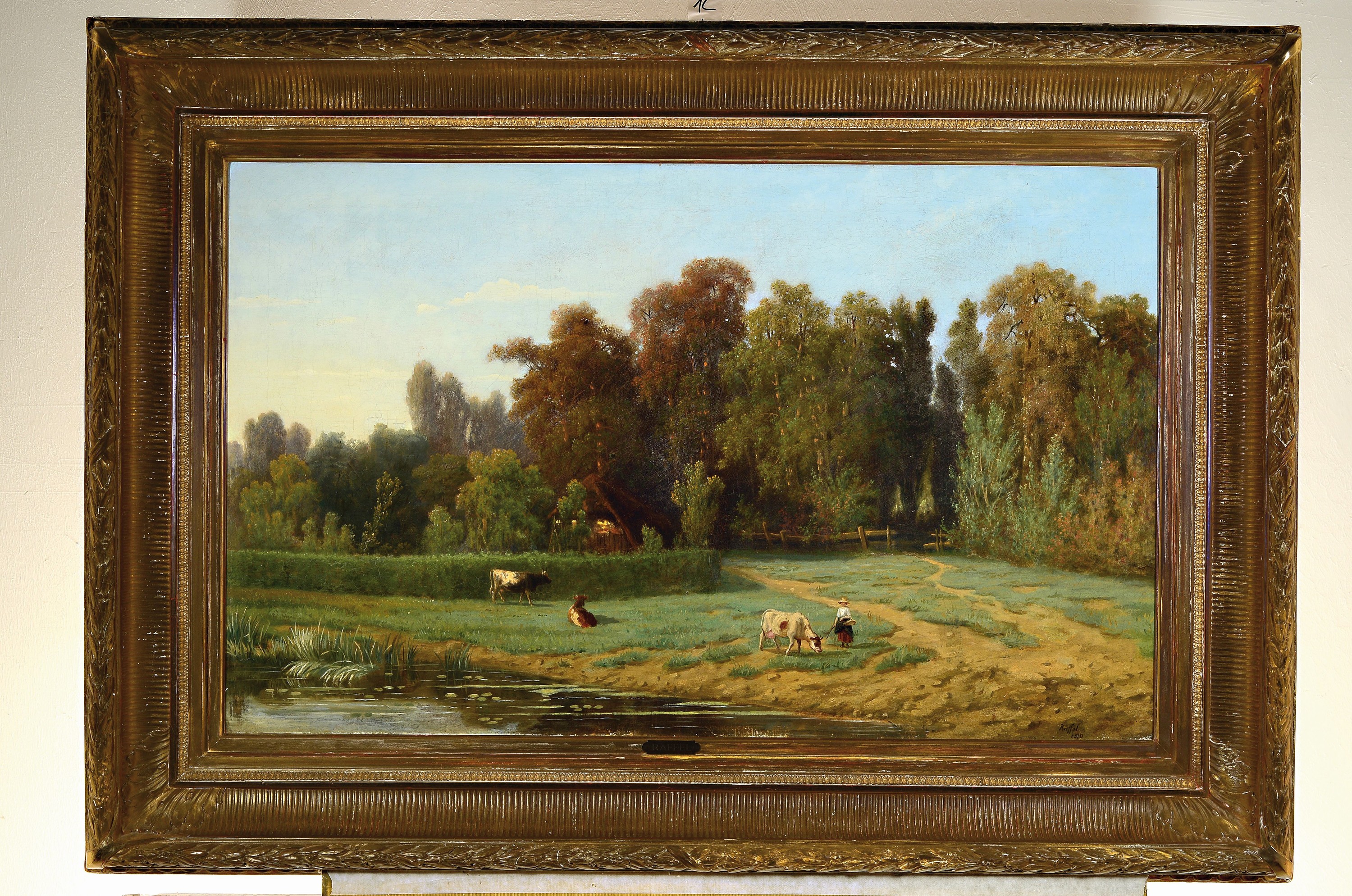 Detail k: Raffel, Künstler aus dem 19. Jh.,, Sommerlandschaft mit Kühen und Hirtin, re. unten signiert und dat. 1872, rest., ca. 82 x 116 cm, Goldrahmen 56 x ...