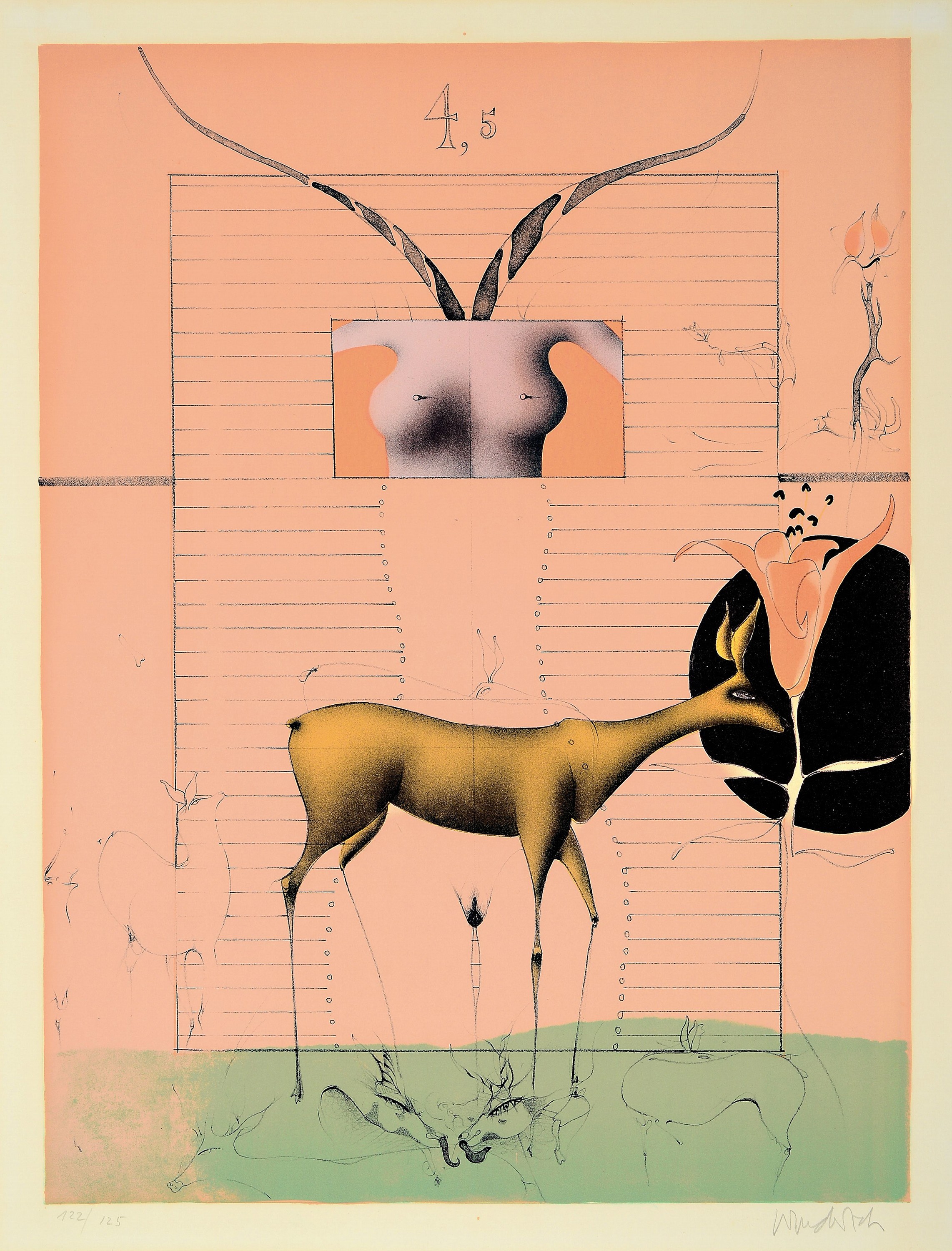 Paul Wunderlich, 1927 - 2010, vier Lithografien, handsigniert, num., verschiedene Motive, ungerahmt, ca. 72 x 56 cm, u.a. Fabeltier mit Zitzen, num. ...