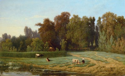 Image Raffel, artist from the 19th century, summer landscape with cows and shepherdess, right. ...