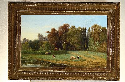 26803923k - Raffel, Künstler aus dem 19. Jh., , Sommerlandschaft mit Kühen und Hirtin, re. unten ...