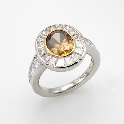 Image Ring mit Diamanten, Platin 950/000, Mittelstein ca. 2 ct orange braun/si, 28 Diam. zus. ...