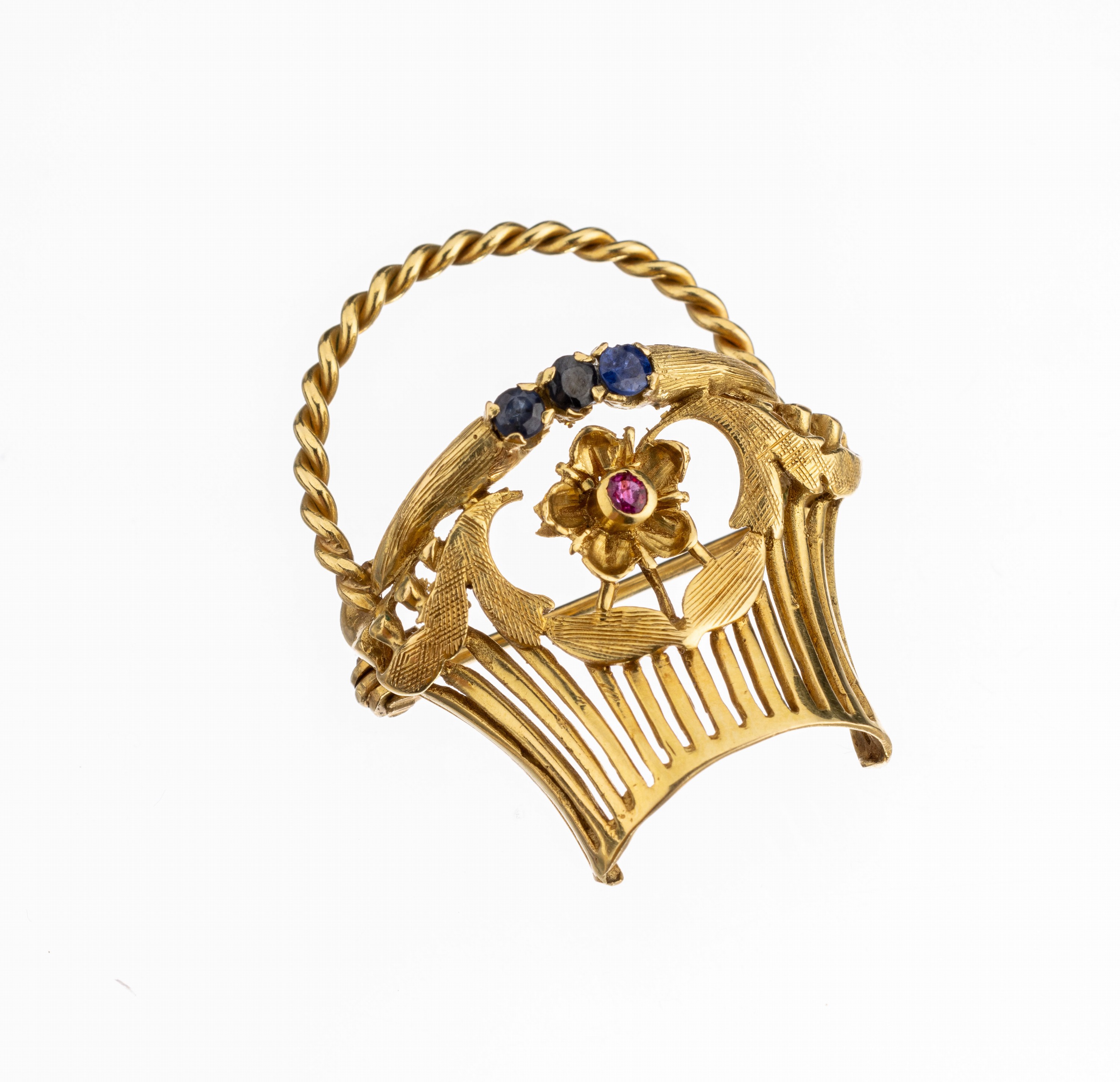 14 kt Gold Saphir-Brosche "Blumenkorb", GG 585/000 gepr., plastische Ausführung, Henkel gekordelt, durchbrochen, 3 kl. rundfacett. ...