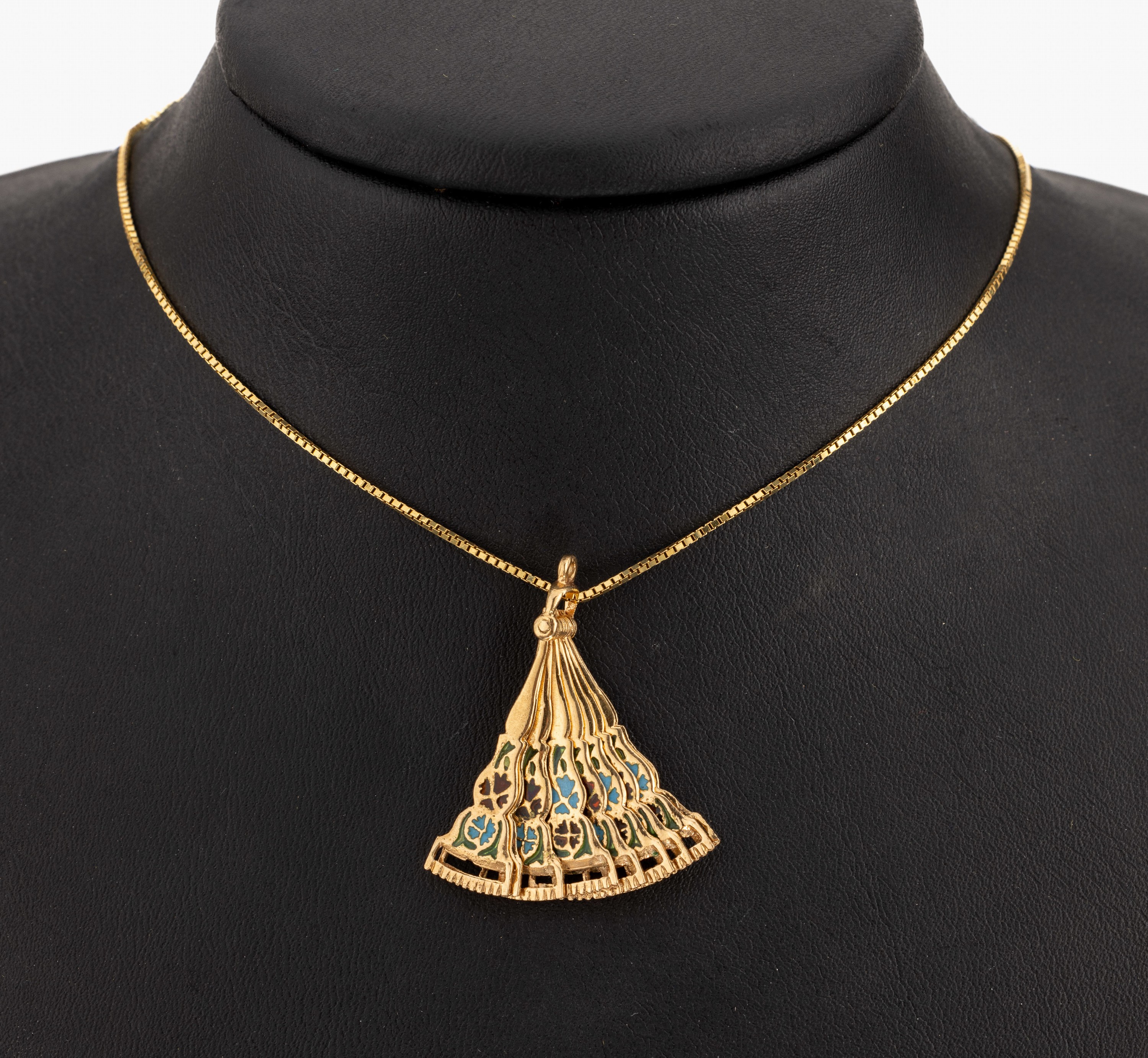 14 kt Gold Email-Anhänger "Fächer", GG 585/000 gepr., auffächerbar, Fensteremail in rot, grün und blau, an Venezianerkette, GG ...