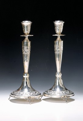 Image Pair of candlesticks, sterling silver, baroquestyle, ribbon decoration with stylized ...