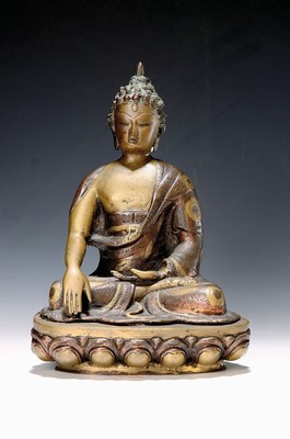 Image Buddha, Himalayas, around 1900, cast bronze, partly patinated, chased, meditating on a ...