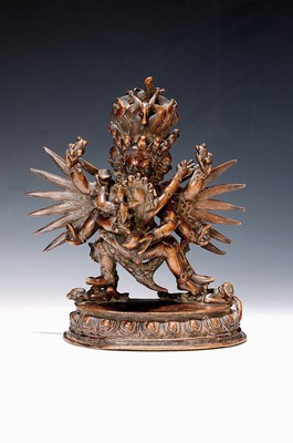 Image Sadbhuja Mahakala, Himalaya, um 1900, Bronze, mehrteiliger Guß, Gottheit mit drei ...