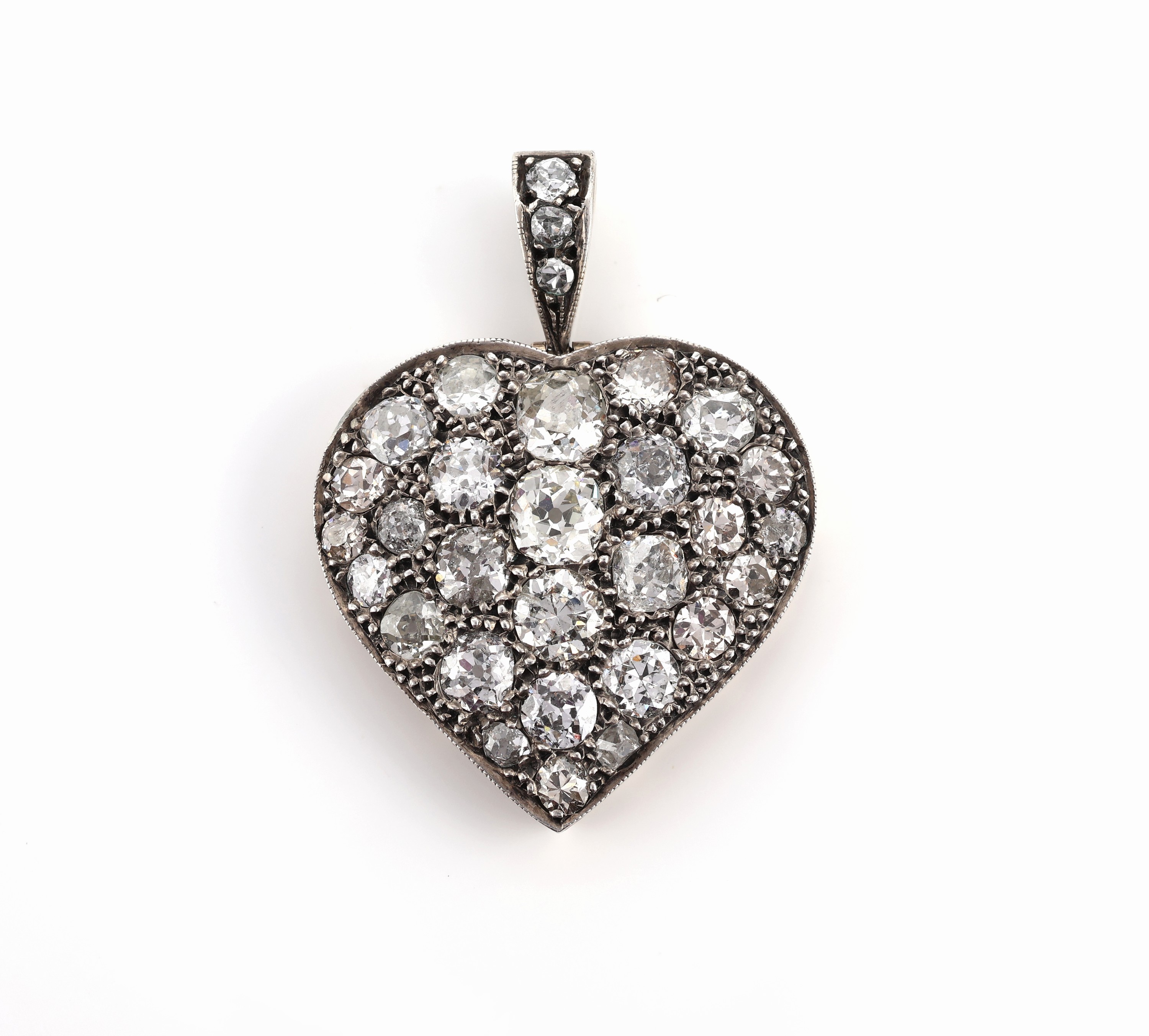 14 kt Gold und Silber Diamant-Herzanhänger, um1880/90 , Rahmen RoseG 585/000 gepr., Schauseite Silber, gepr., 30 Altschliffdiamanten und ...