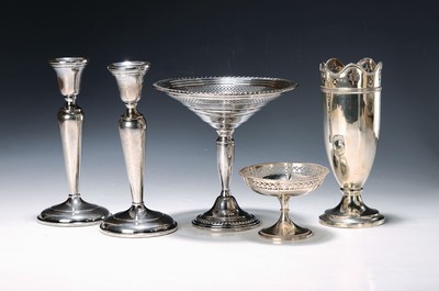 Image Pair of candlesticks and three vessels, silver, early to mid-20th century, pair of ...