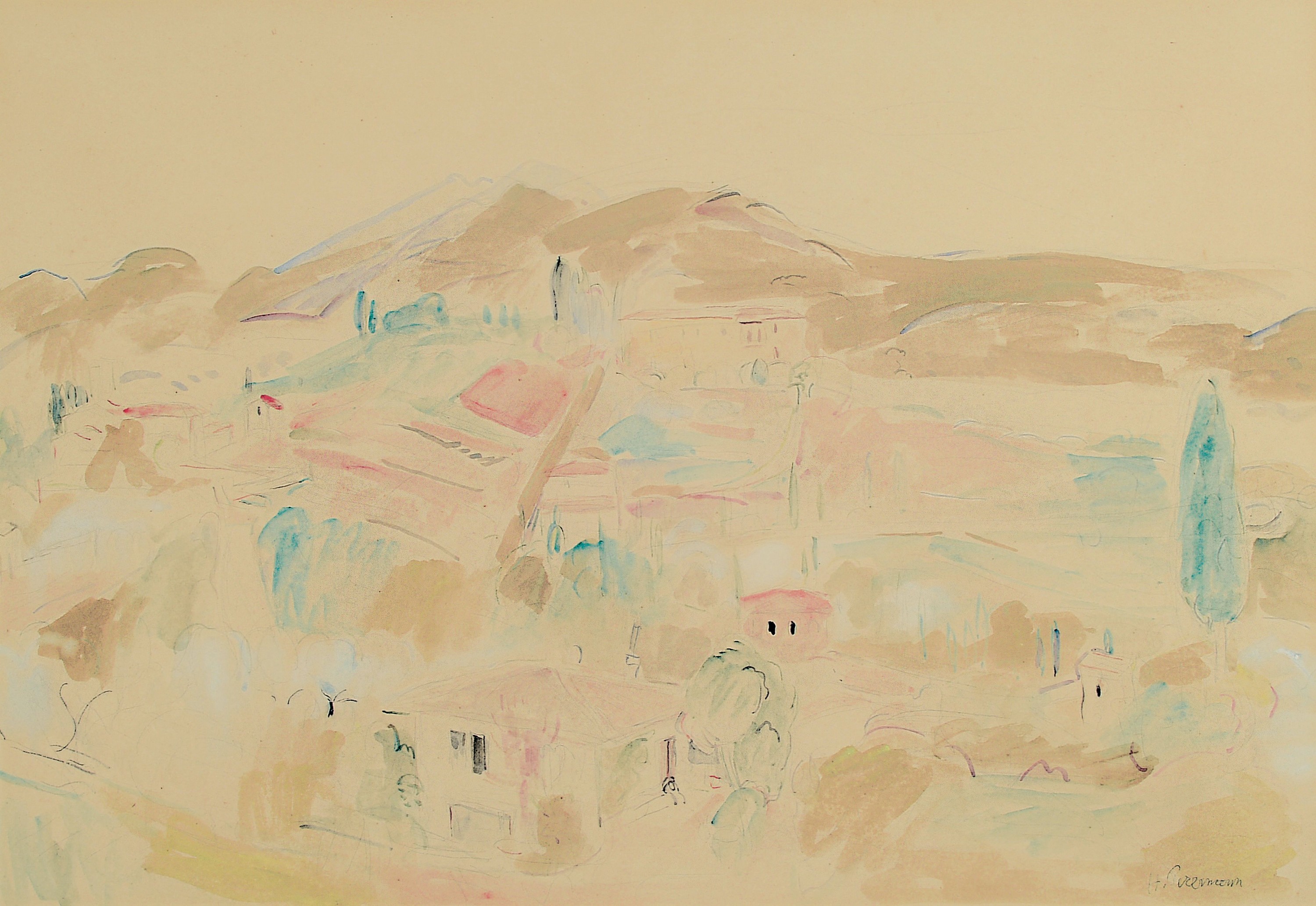 Hans Purrmann, 1880 Speyer - 1966 Basel, Aquarell, italienische Landschaft, wohl bei Lugano, meisterliche Darstellung einer sonnendurchglühten ...