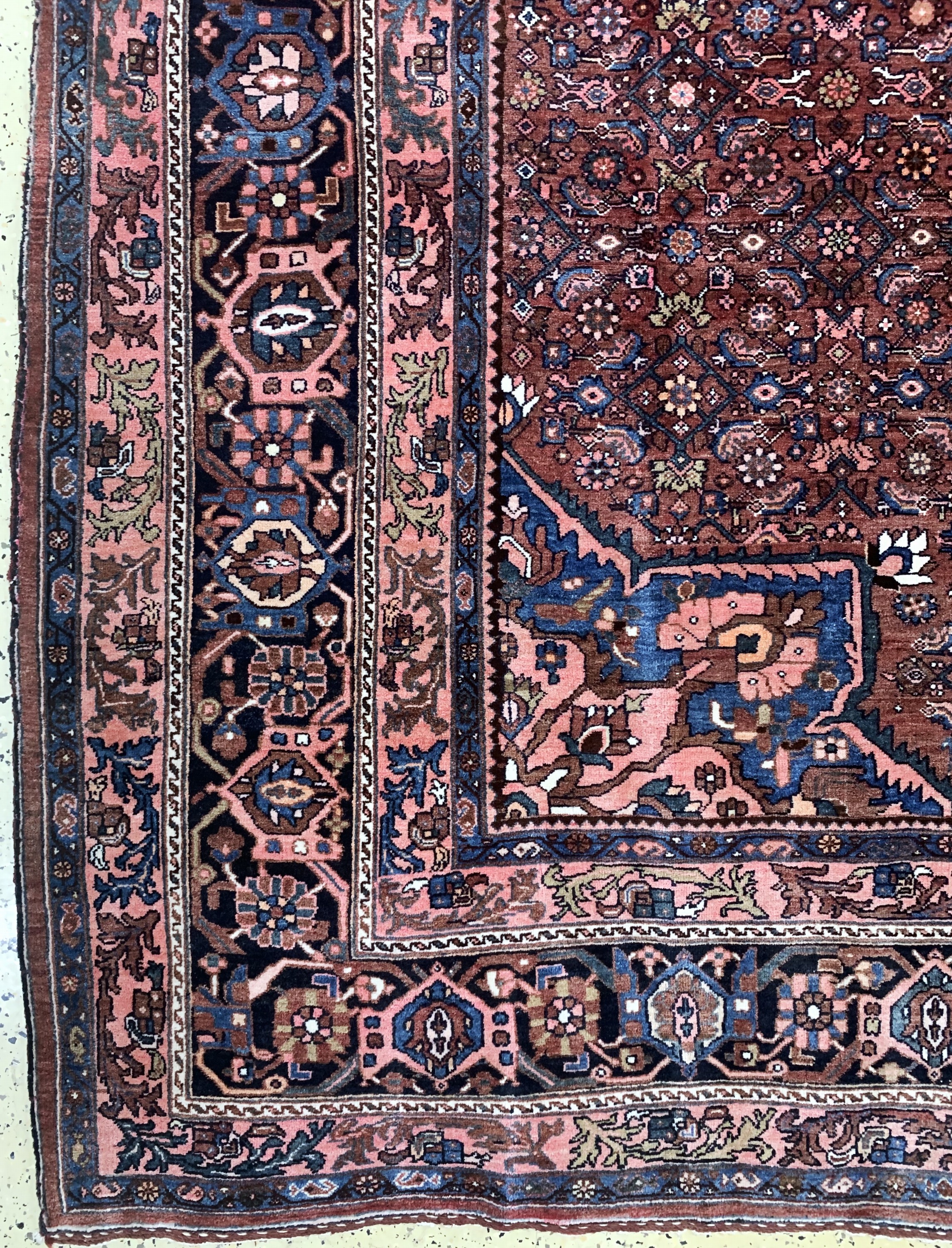 Detail c: Antiker Bidjar, Persien, datiert 1344(1922), Wolle auf Baumwolle, ca. 493 x 303cm, verblasst, EHZ: 2-3