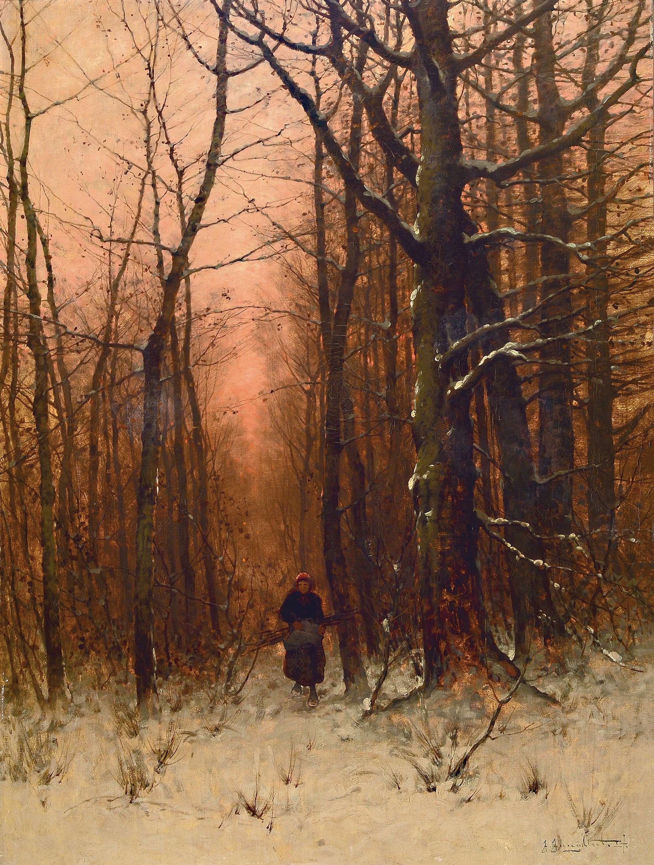 Johann Jungblut, 1860 Saarburg-1912 Düsseldorf, Reisigsammlerin im verschneiten Winterwald im Abendrot, Öl/Lwd, rechts unten signiert und ortsbez. ...