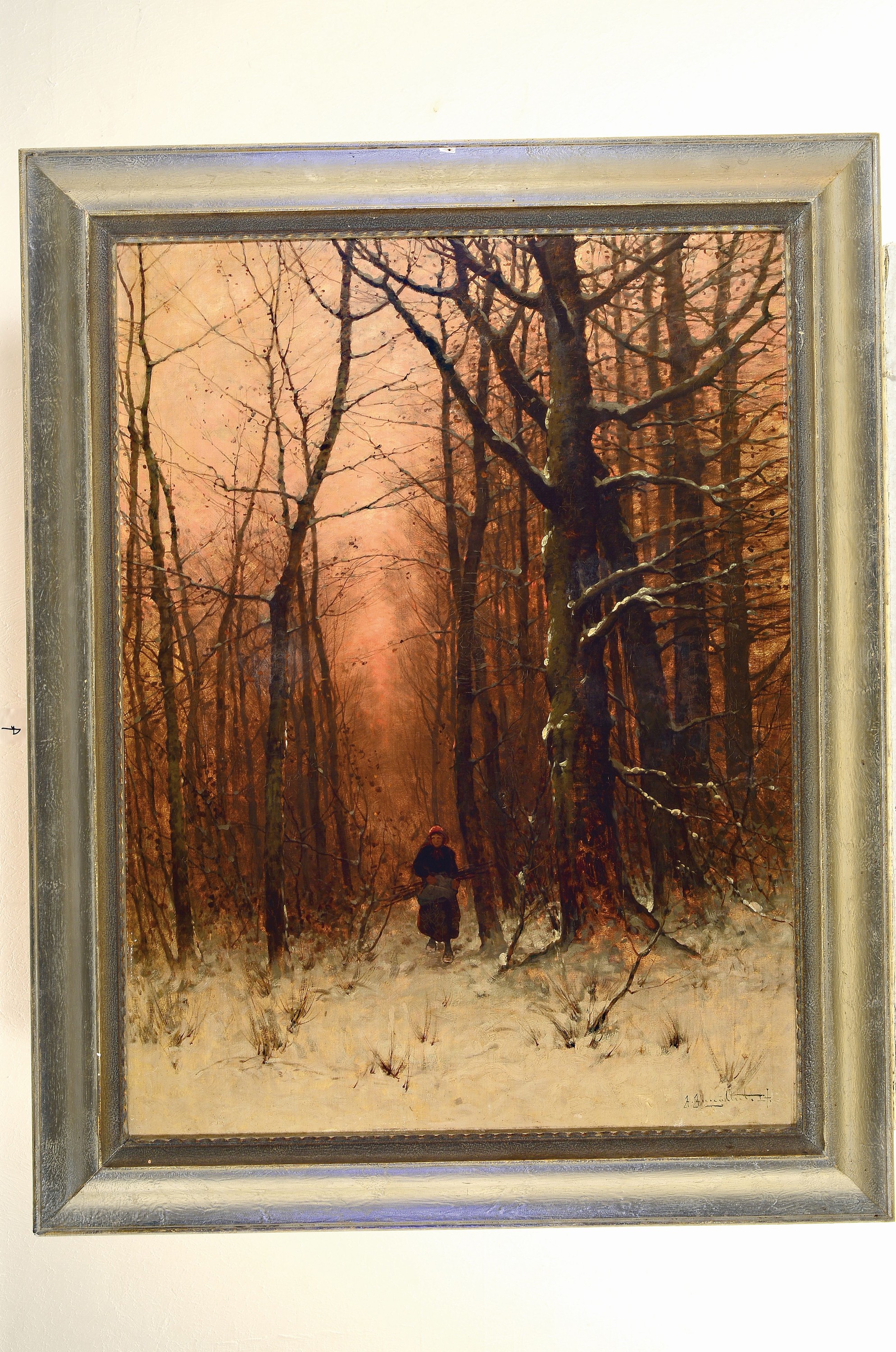 Detail k: Johann Jungblut, 1860 Saarburg-1912 Düsseldorf, Reisigsammlerin im verschneiten Winterwald im Abendrot, Öl/Lwd, rechts unten signiert und ortsbez. ...