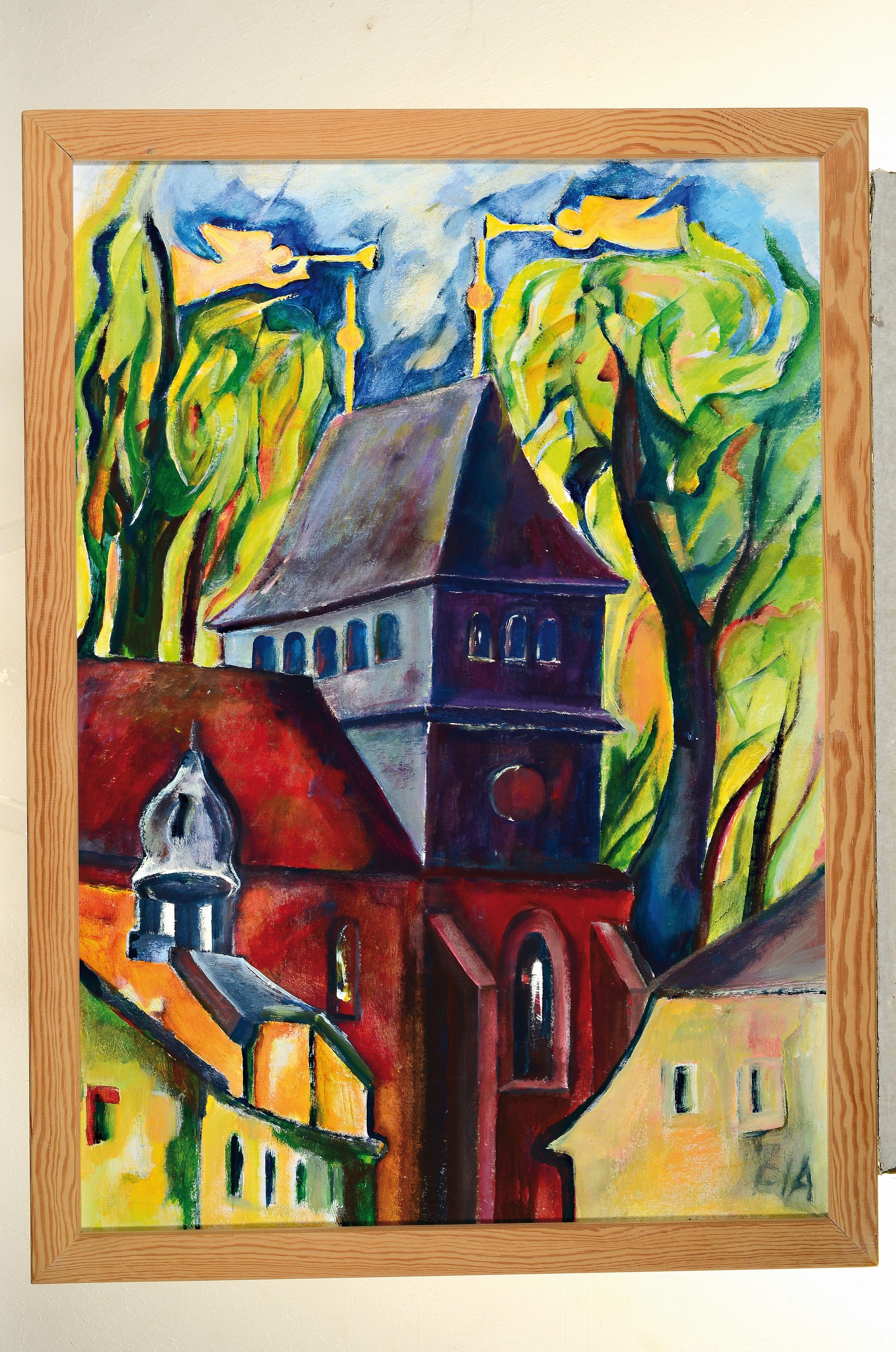 Detail k: Monogrammist FA, 2. Hälfte 20. Jh., Ansicht einer Kirche (wohl Neustadt an der Weinstraße/Lambrecht), Öl/Malkarton, rechts unten monogr., ca. ...