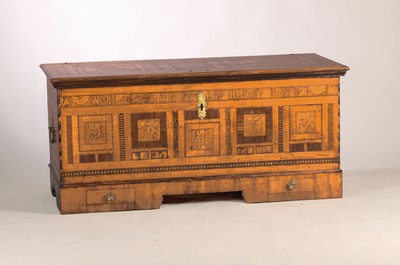 Image Wedding chest with inscription and dated 1877, walnut veneer, inlay work made of various ...