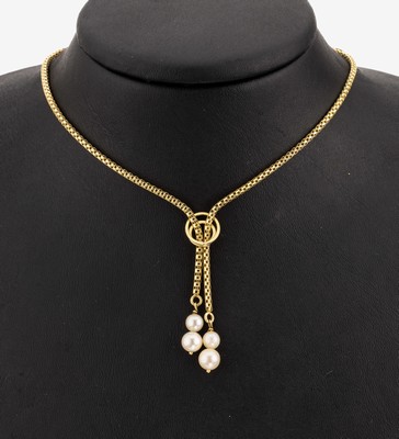 Image 14 kt gold pearl-necklace , YG 585/000, middle part with 4 movable suspended cultured ...