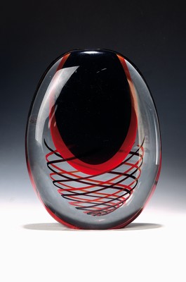 Image Vase, Luigi Onesto (geb. 1935), Murano, mundgeblasenes farbloses Glas mit schwarzem und ...