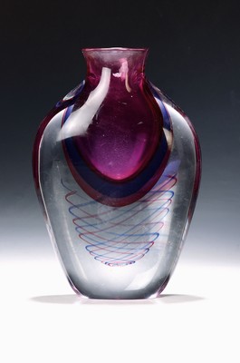 Image Vase, Luigi Onesto (geb. 1935), Murano, mundgeblasenes farbloses Glas mit violettem und ...